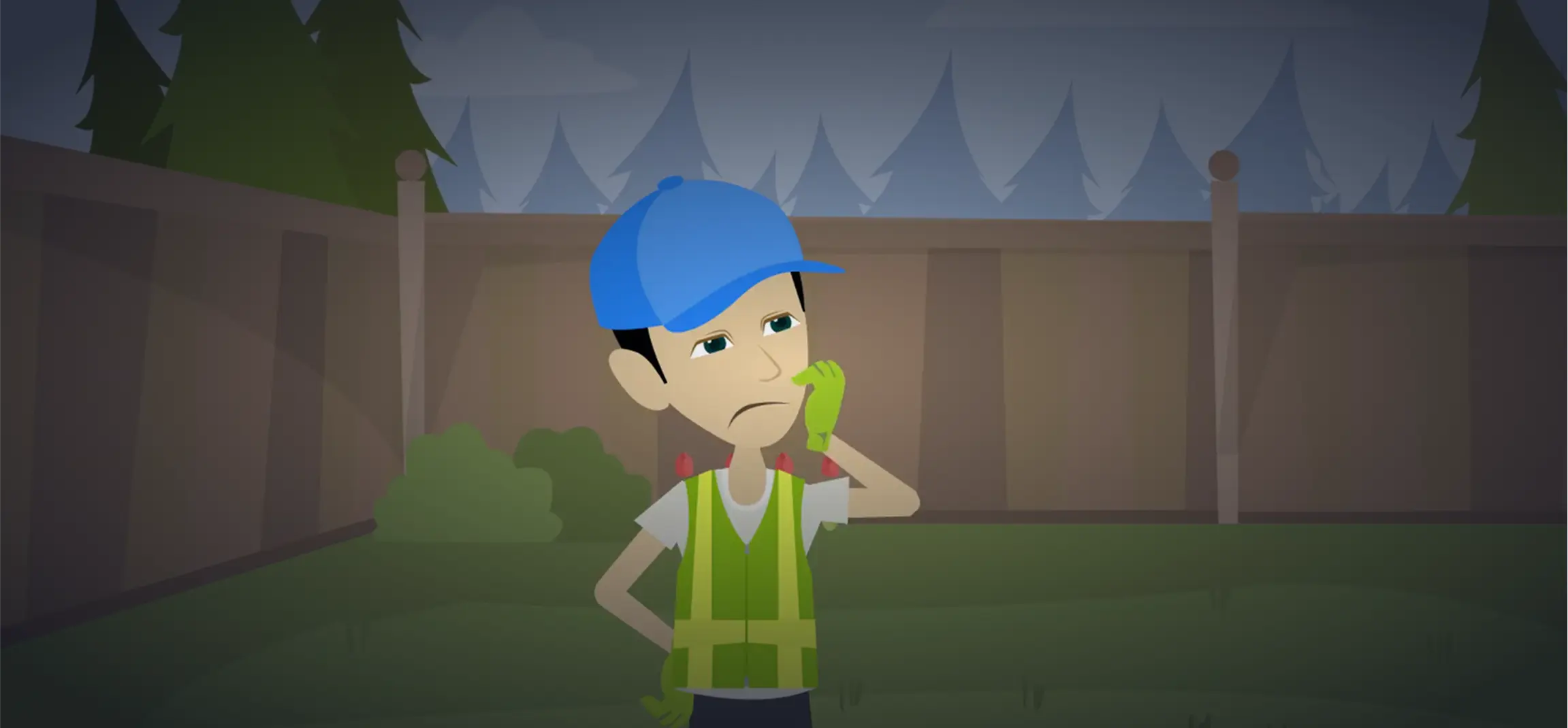 Animated male character in a blue cap, green vest, and green gloves, looking thoughtful or confused while standing in a dimly lit backyard.
