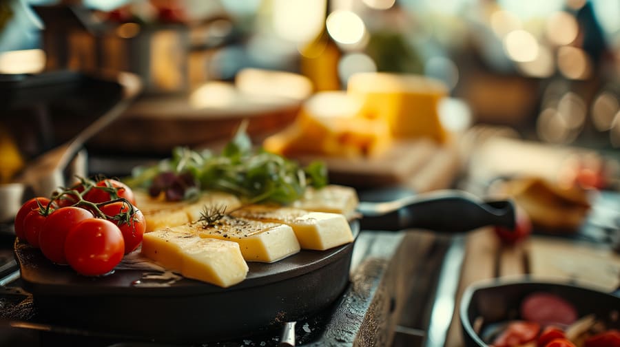 Accompagnements raclette : pommes de terre, légumes, cornichons et salade