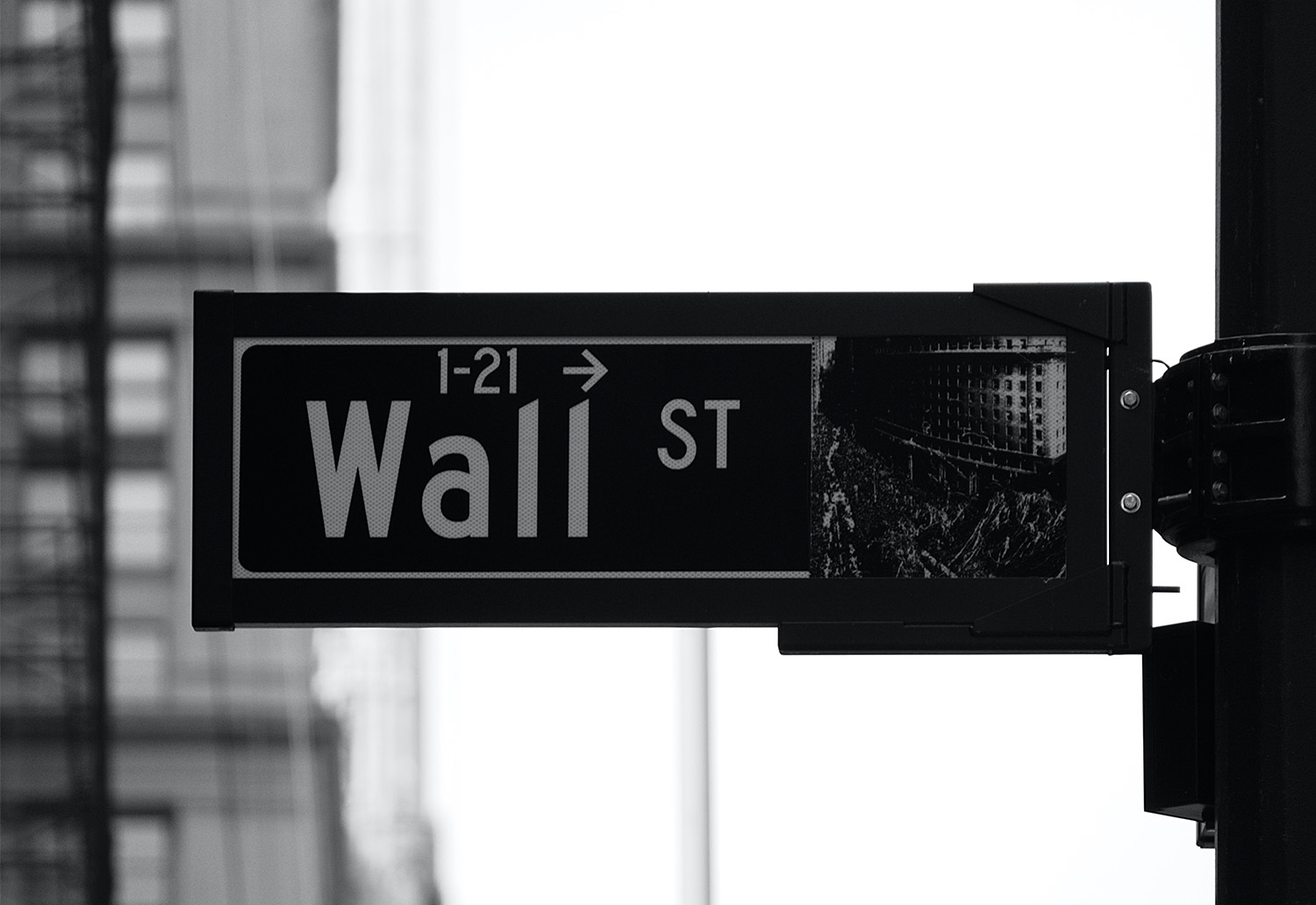 A black and white sign for Wall Street, USA