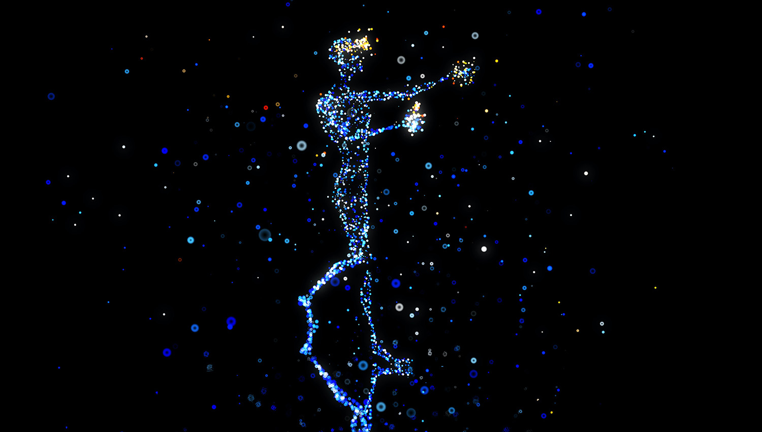 An abstract image of neon lights making up the body of a futuristic human