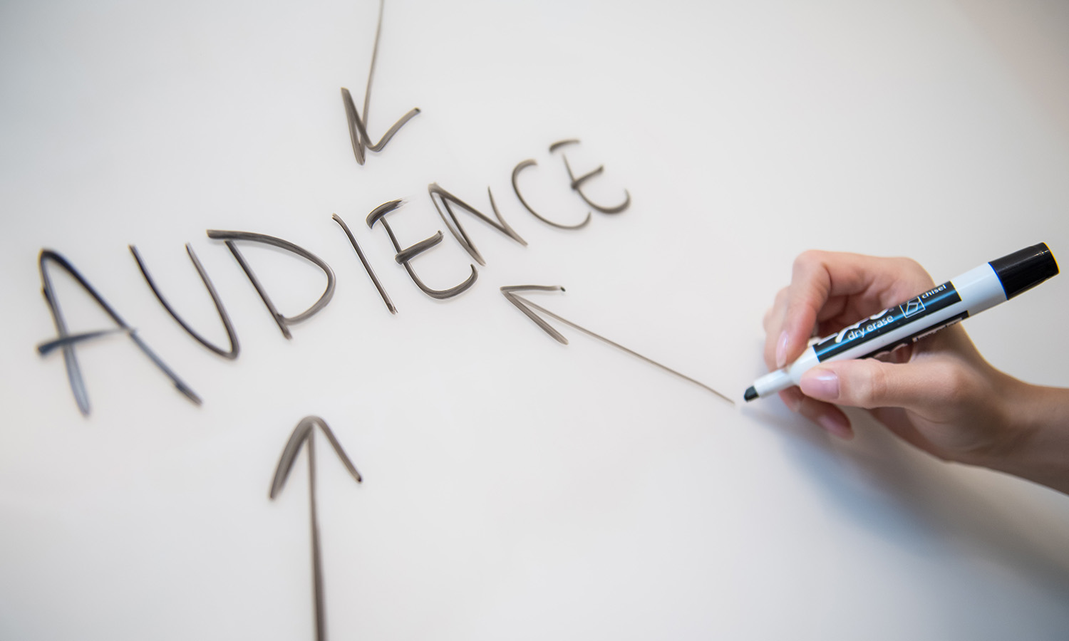 A white board with arrows drawn on, all pointing to the word AUDIENCE