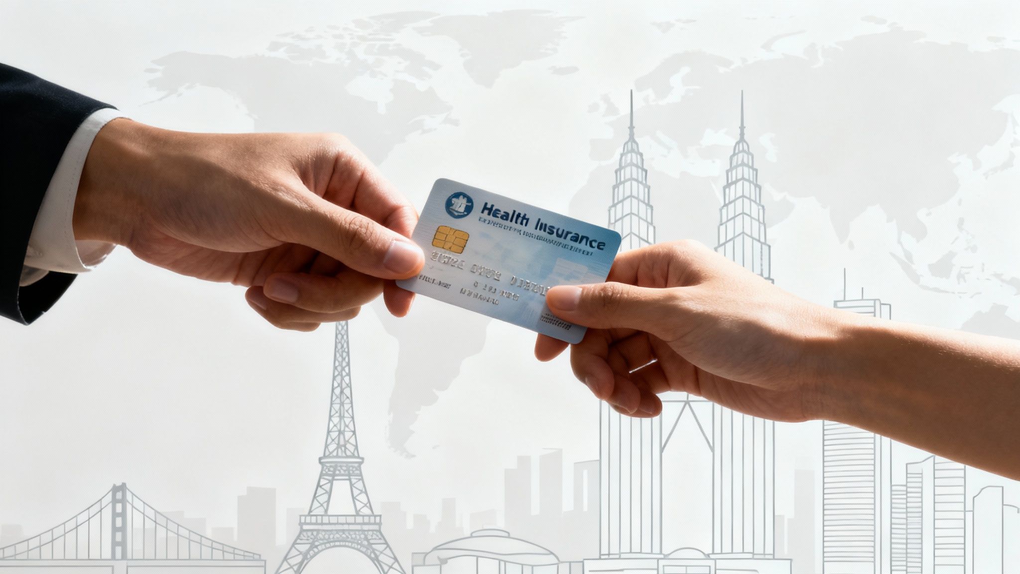 A split image showing a global map on one side and the Hong Kong city skyline on the other, symbolizing the choice between international and local insurers.