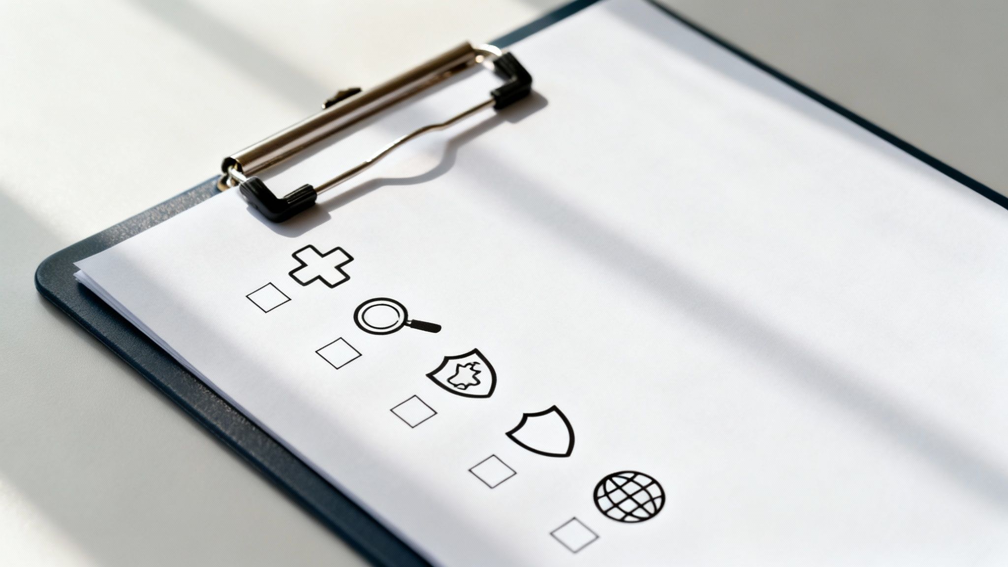 A person sitting at a desk, carefully reviewing insurance documents with a magnifying glass, with charts and graphs in the background.