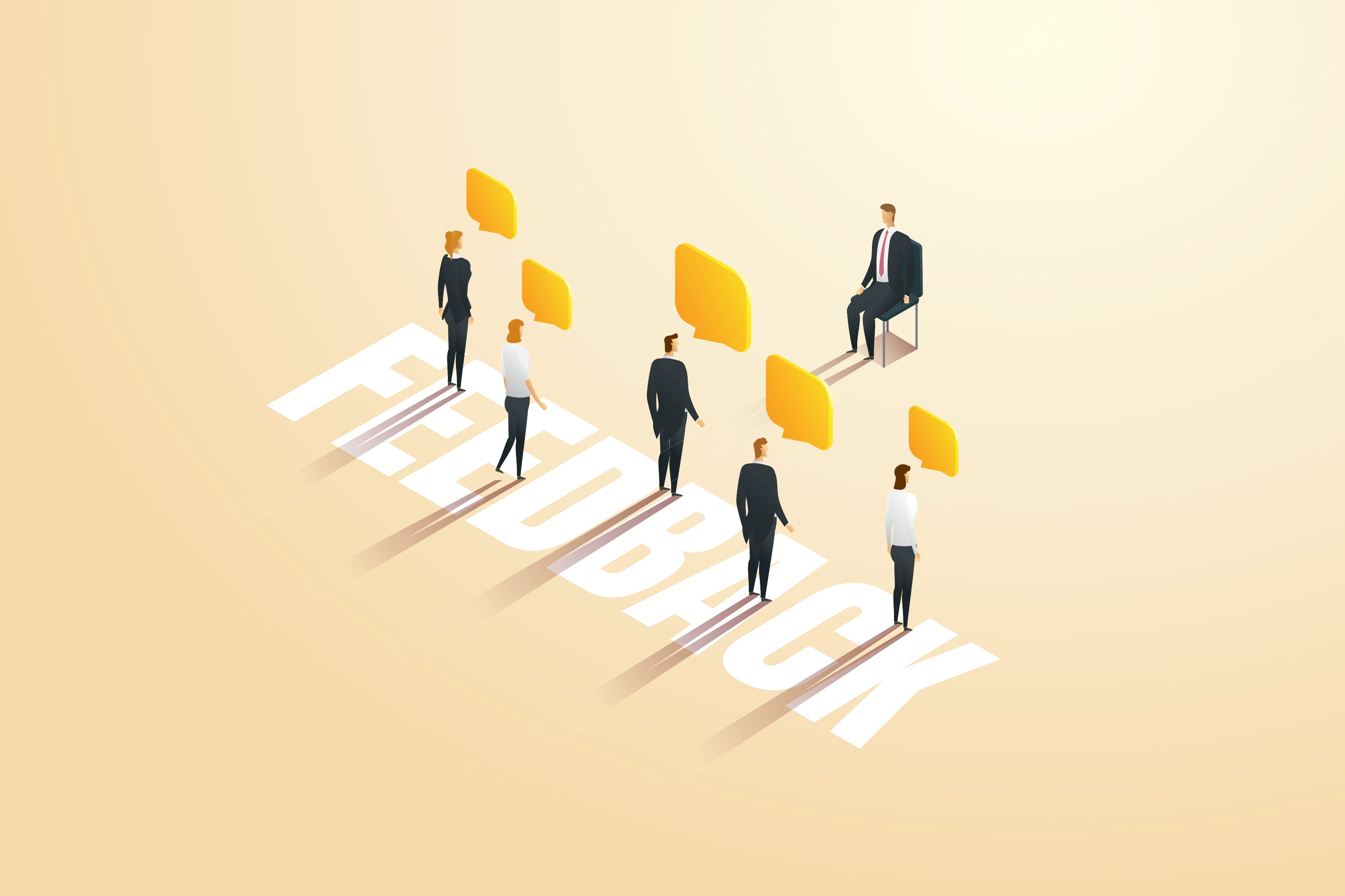 An illustration that shows 5 people who like the word “feedback” and give feedback to a Perseon.