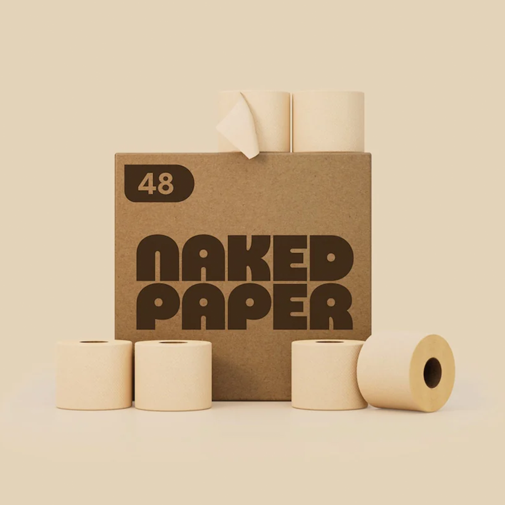 A 48-roll box of toilet paper set against a beige background. Naked Paper logo on the box design.