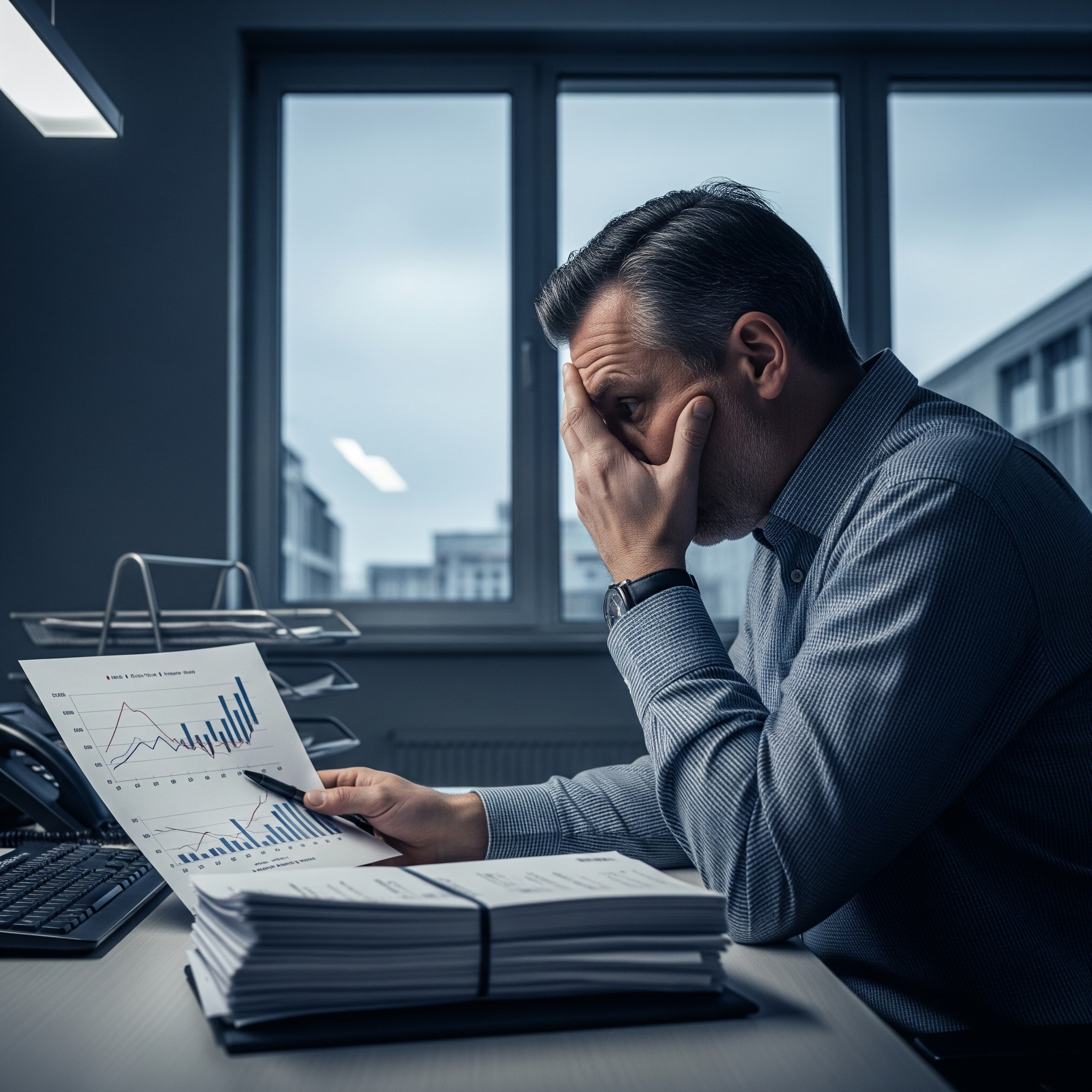 Ein gestresster deutscher Geschäftsmann hält sich die Hand vors Gesicht, während er sinkende Finanzdiagramme und einen Stapel unbezahlter Rechnungen in seinem Büro betrachtet.