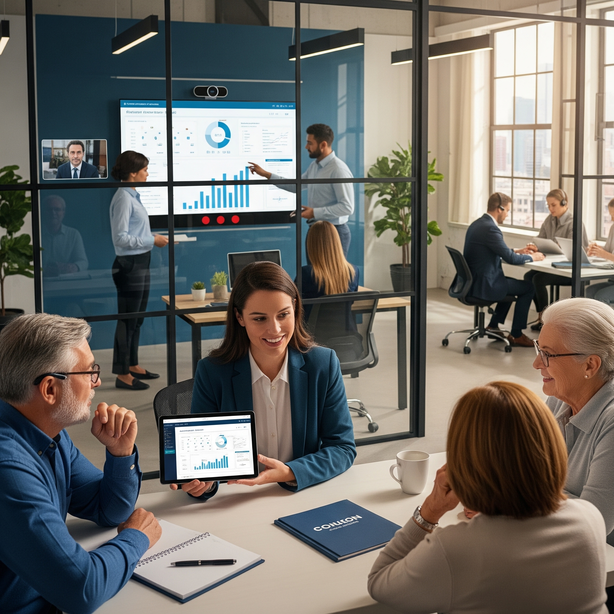 Ein Finanzberater präsentiert in einem modernen Büro einem Paar auf einem Tablet einen maßgeschneiderten Finanzplan, während im Hintergrund andere Kollegen an Bildschirmen arbeiten und Videokonferenzen abhalten, was eine kollaborative und kundenorientierte Umgebung darstellt.