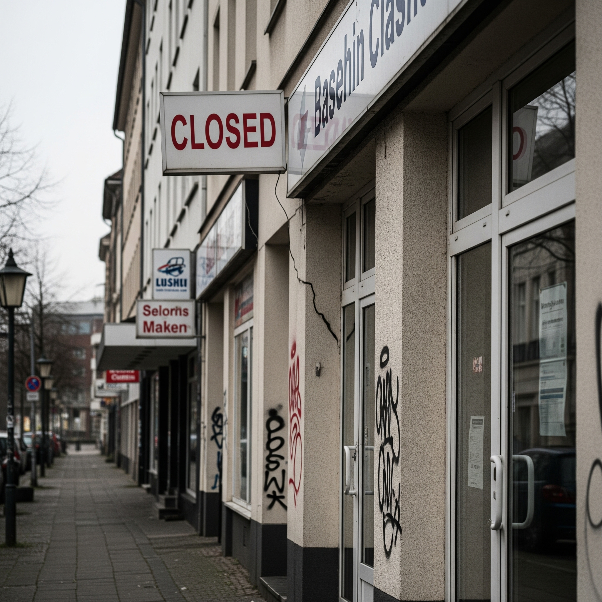 A "CLOSED" sign hangs on a struggling German business facade on a somber, overcast day, symbolizing impending insolvencies and the "zombie company" phenomenon.