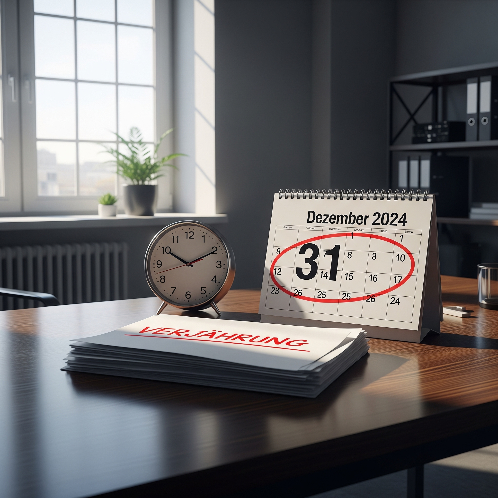 A desk with a calendar showing December 31, 2024, circled, an old-fashioned clock, and documents labeled "Verjährung," symbolizing an urgent legal deadline for debt collection.