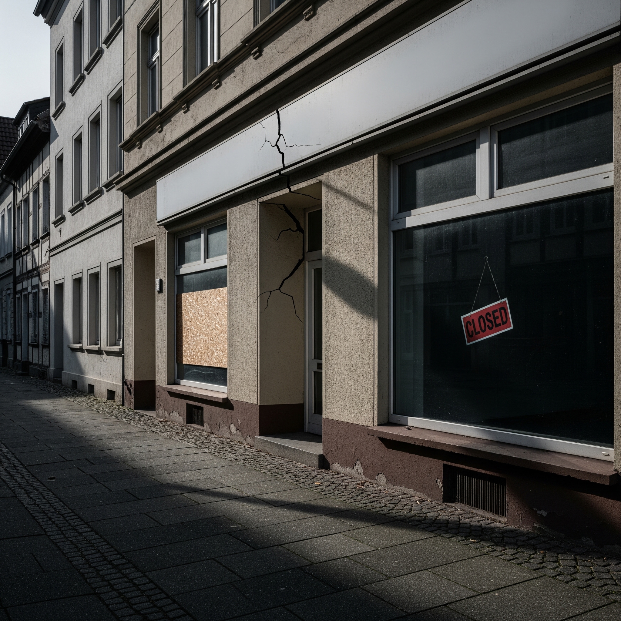 A "CLOSED" sign hangs on a deserted German storefront with cracks in the facade, symbolizing rising business insolvencies and economic downturn.
