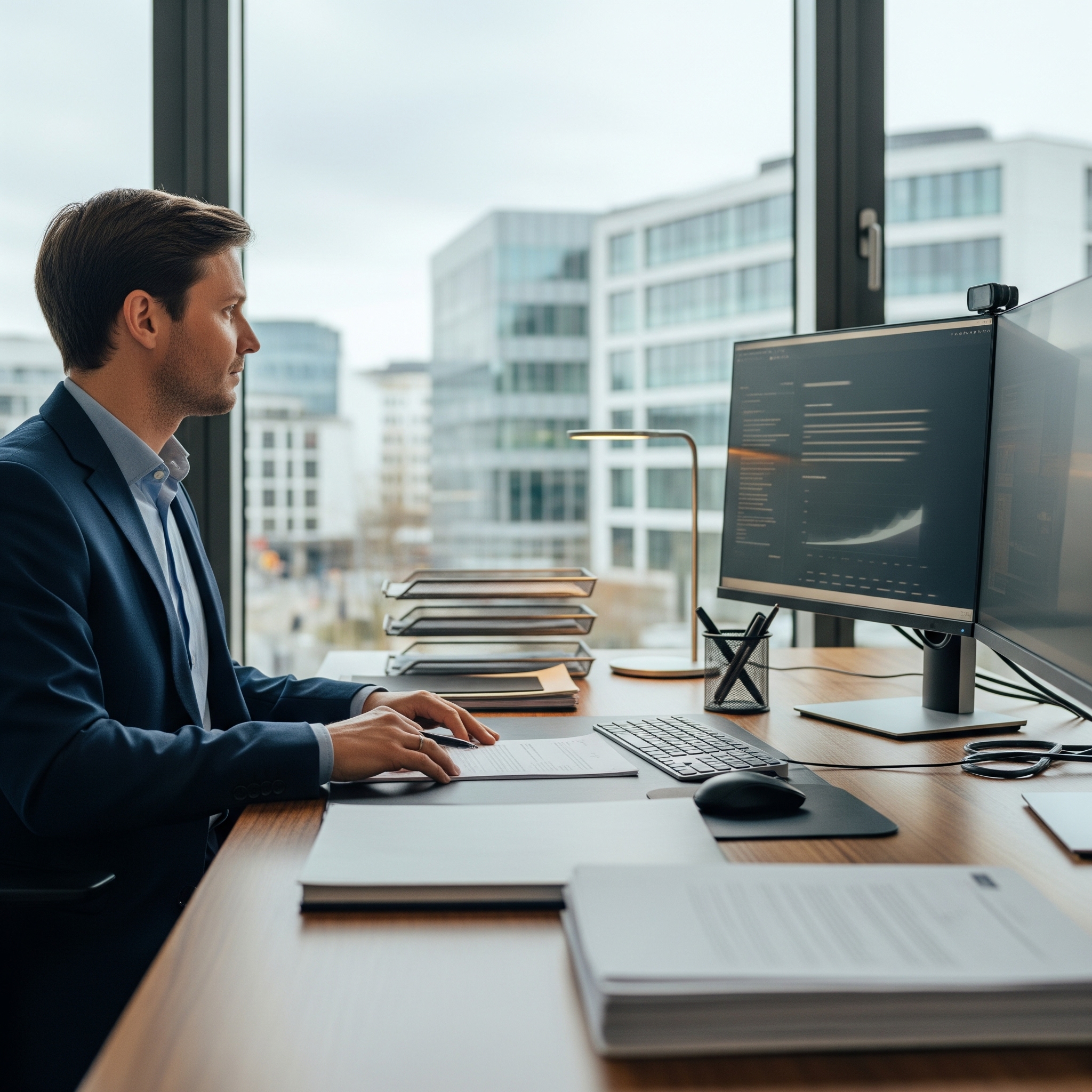 Ein Finanzexperte in einem modernen Büro arbeitet an einem Computer mit verschwommenen Diagrammen und Texten.