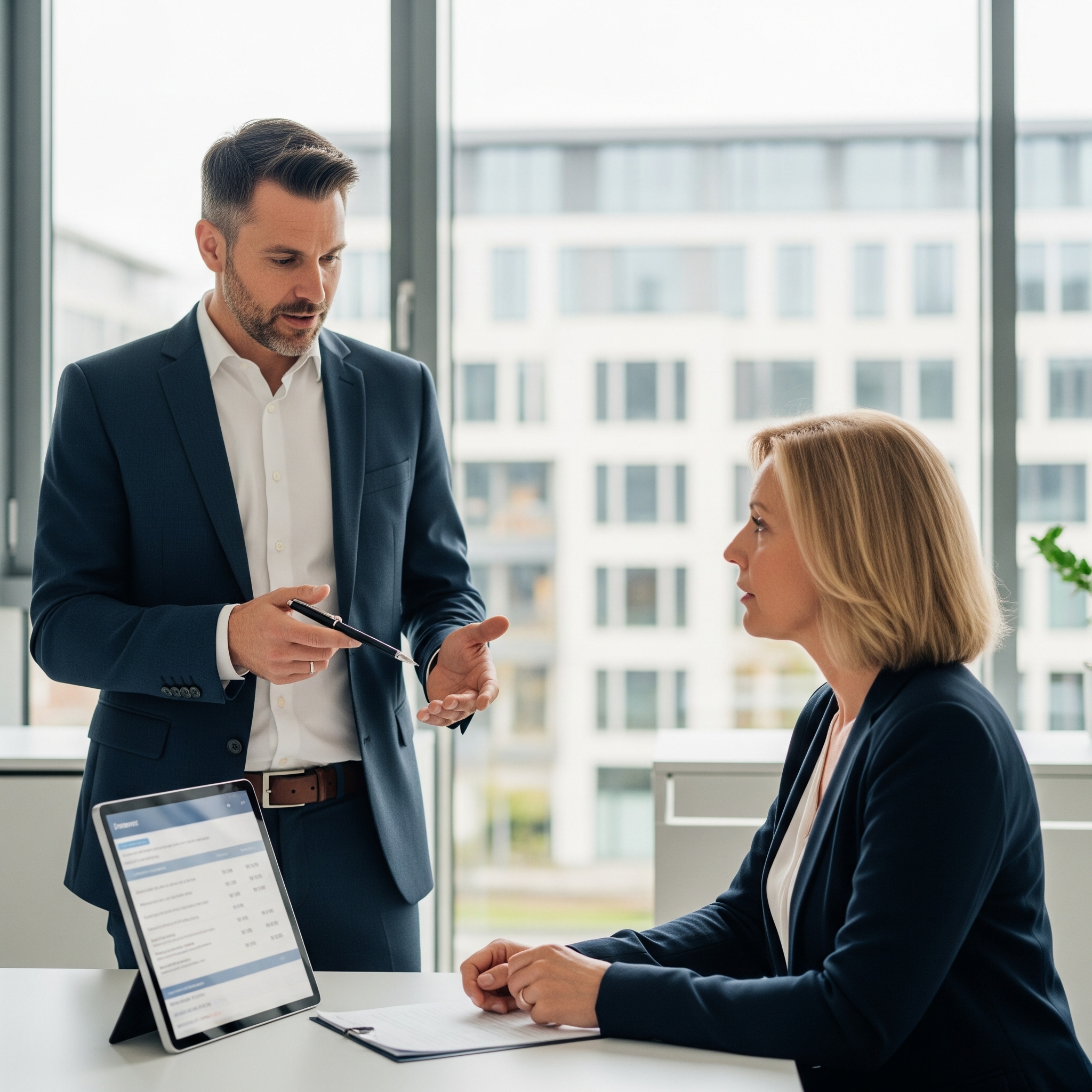 Ein Berater erklärt einem Geschäftsinhaber auf einem Tablet ein transparentes Kostenmodell und die Vertragsbedingungen in einem modernen Büro. Die Texte auf dem Bildschirm sind unleserlich.