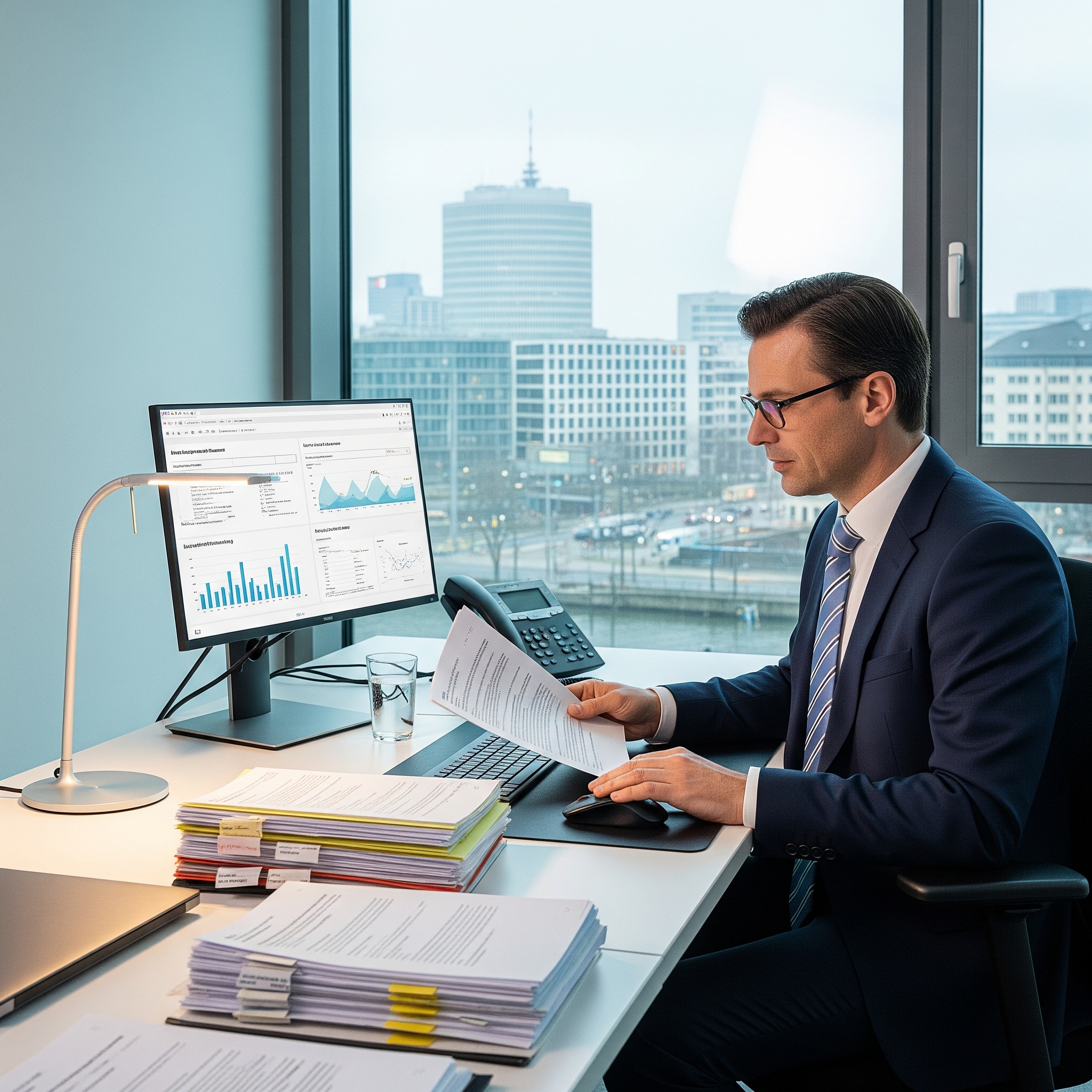 Ein Mitarbeiter in einem modernen Büro arbeitet an Dokumenten und einem Computer, die sich auf die langfristige Vollstreckung von Forderungen beziehen.