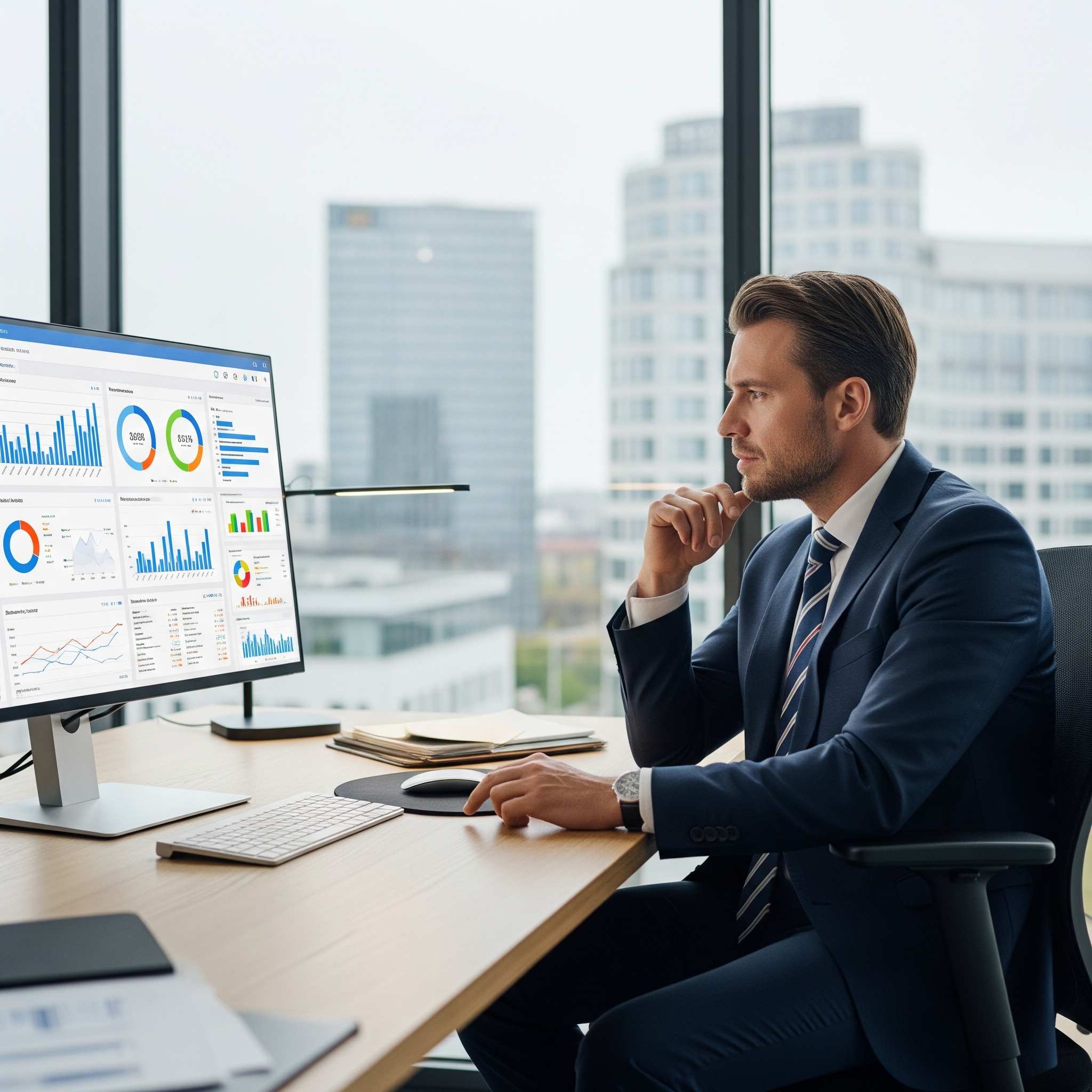 Ein Finanzexperte in einem modernen Büro analysiert ein strategisches Finanz-Dashboard auf einem großen Computerbildschirm.