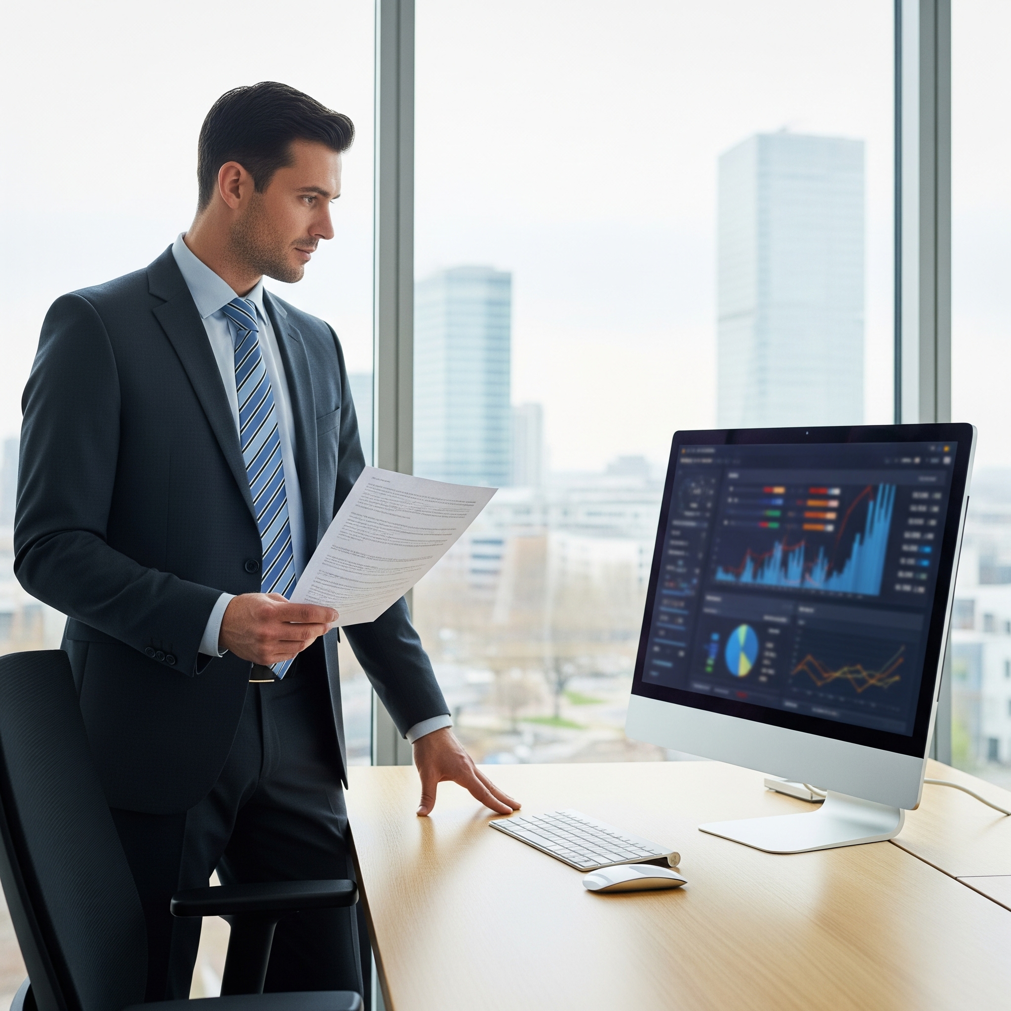 Ein Finanzexperte in einem modernen Büro betrachtet ein Dokument, während auf einem Bildschirm ein Finanz-Dashboard mit Diagrammen zu sehen ist.