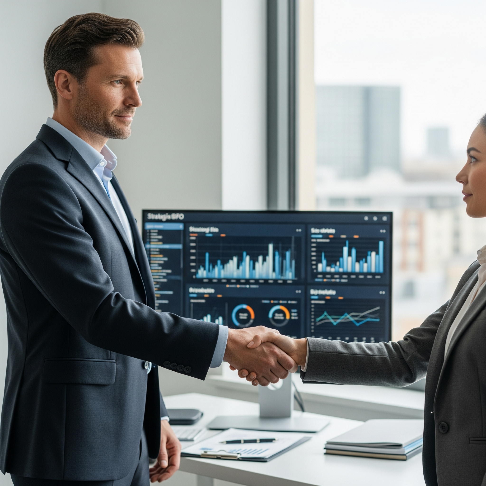 Zwei Geschäftspartner besiegeln ihre Zusammenarbeit mit einem Handschlag in einem modernen Büro. Auf einem Bildschirm im Hintergrund ist ein unscharfes Finanz-Dashboard zu sehen.