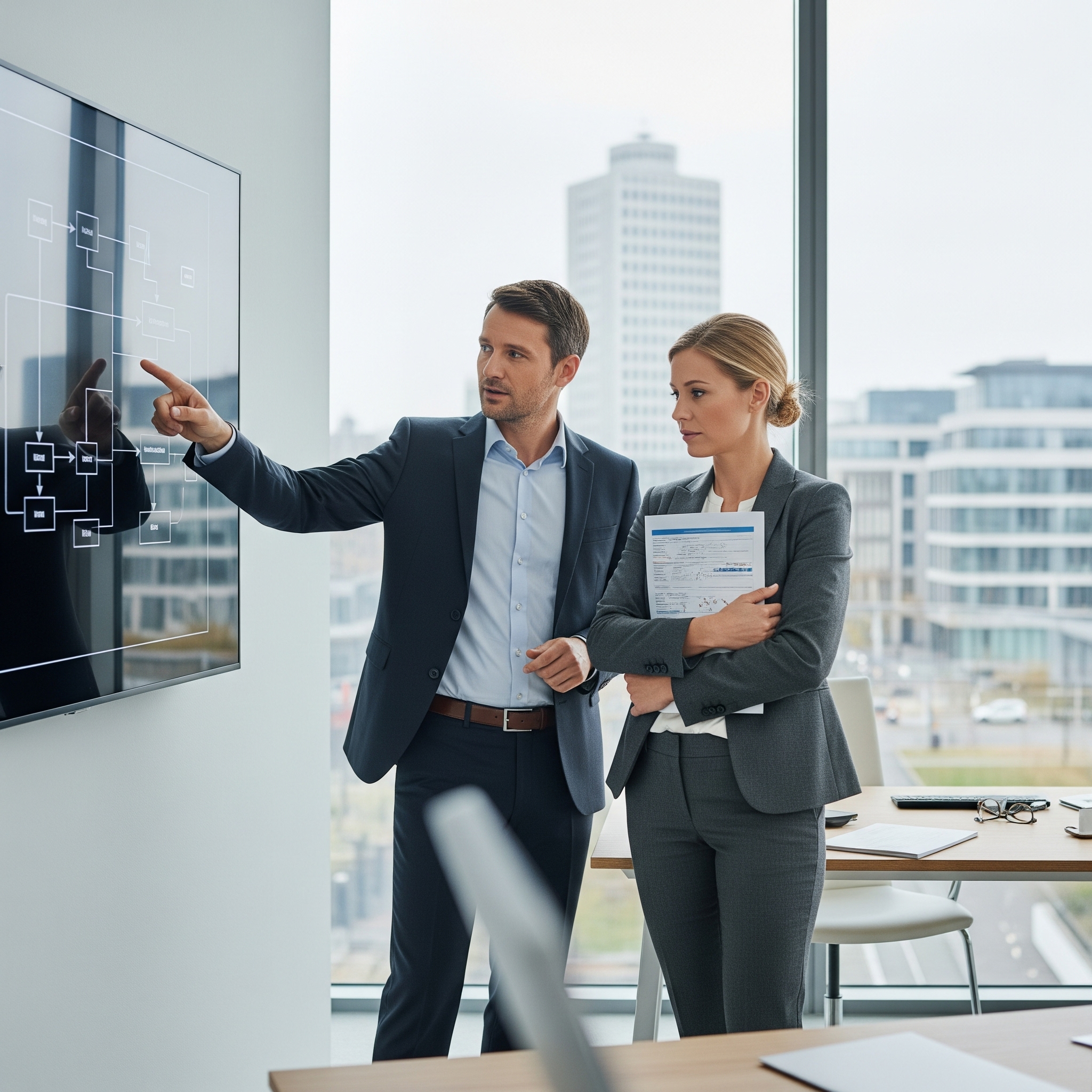 Zwei Fachleute in einem modernen Büro. Einer zeigt auf ein klares, schematisches Diagramm auf einem großen Bildschirm, während der andere ein Dokument mit einem komplexeren Diagramm in den Händen hält.
