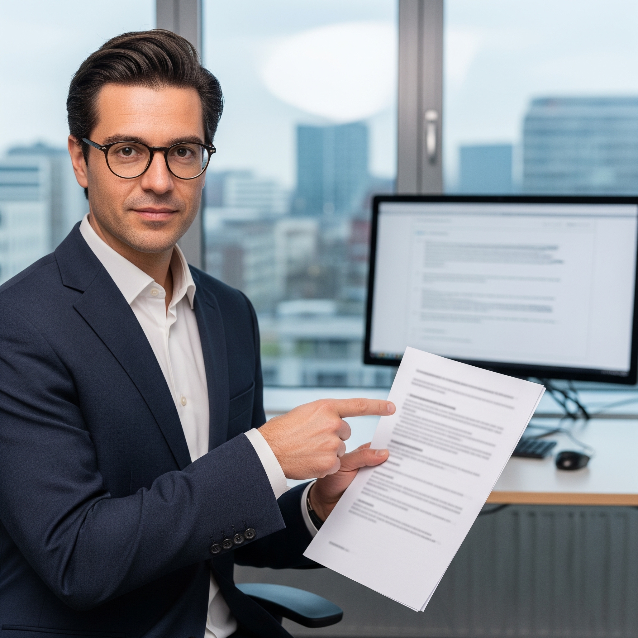Ein Fachmann in einem modernen Büro hält ein Dokument mit unleserlichem Text und zeigt darauf. Im Hintergrund sind ein Computerbildschirm und eine Stadtansicht zu sehen.
