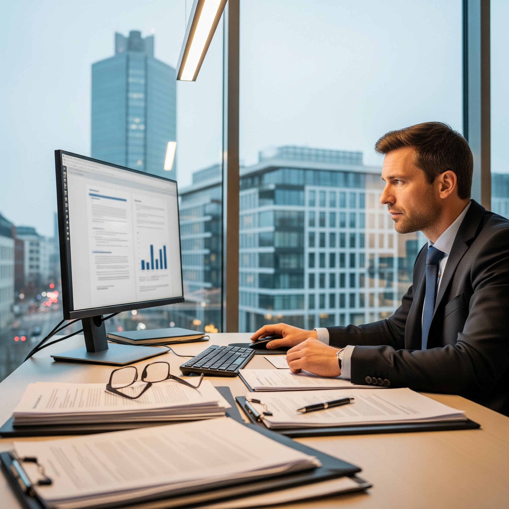 Ein Fachmann in einem Büro arbeitet an seinem Computer. Auf dem Bildschirm sind Diagramme und unleserlicher Text zu sehen.