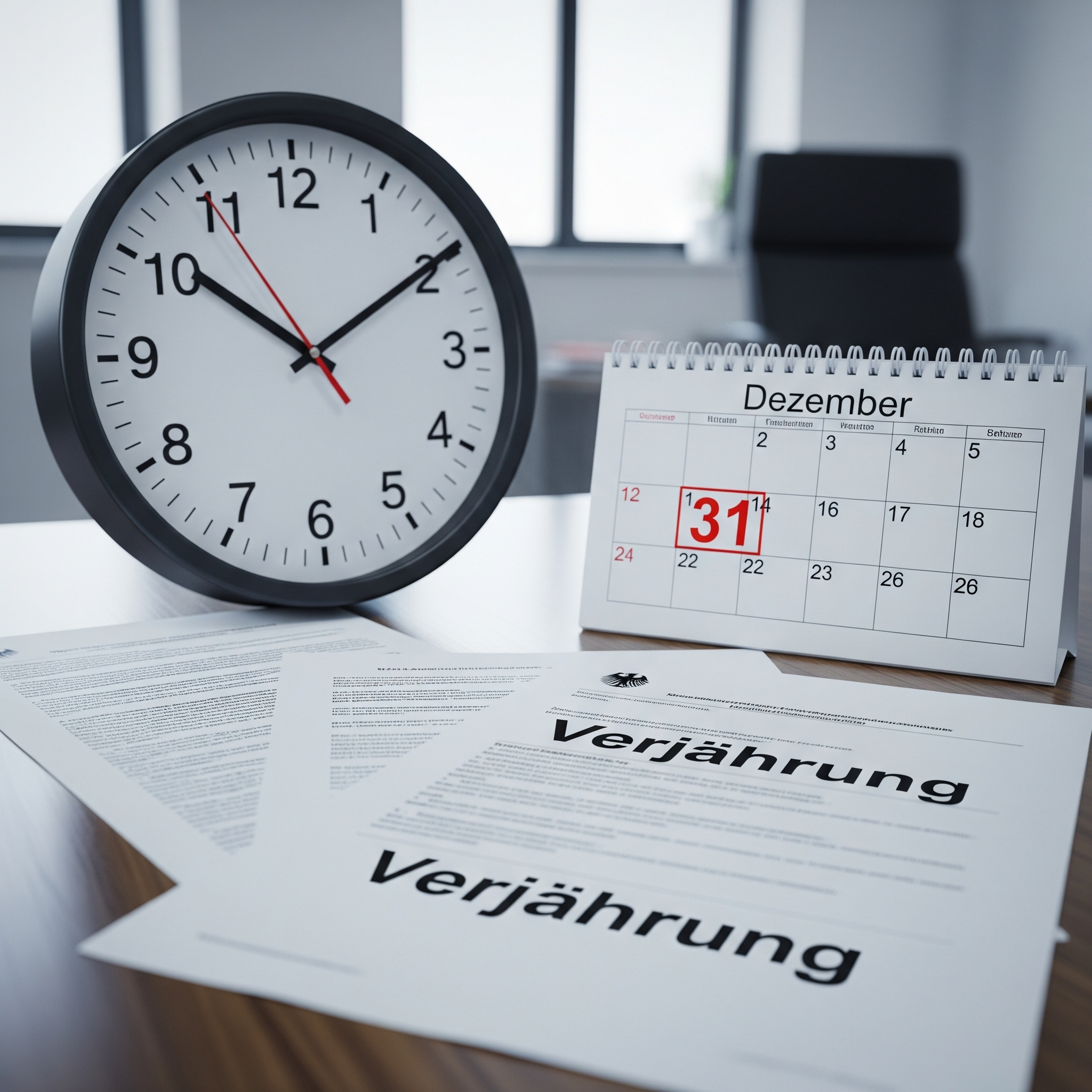 A desk with a clock and a calendar highlighting December 31st, next to legal documents with the German word "Verjährung" (limitation period), symbolizing an urgent financial deadline.