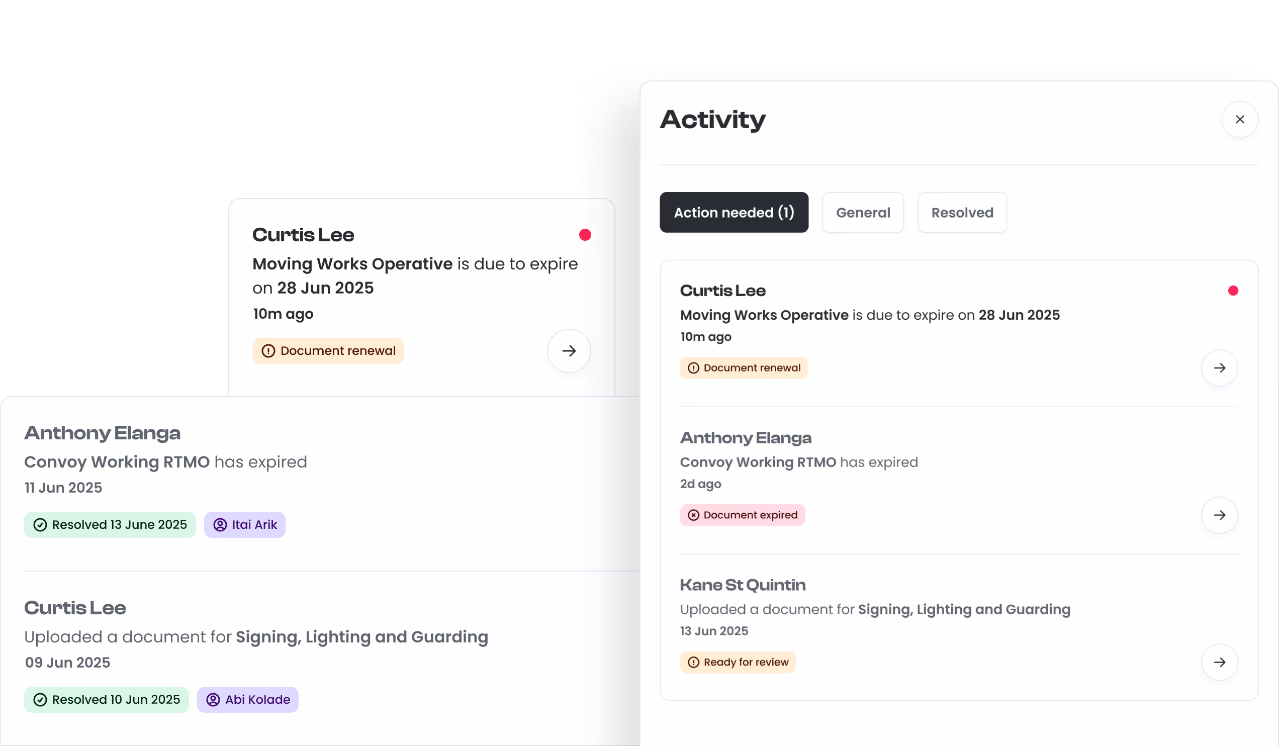 Some shots of the activity feature, showing what needs action and what's been resolved.