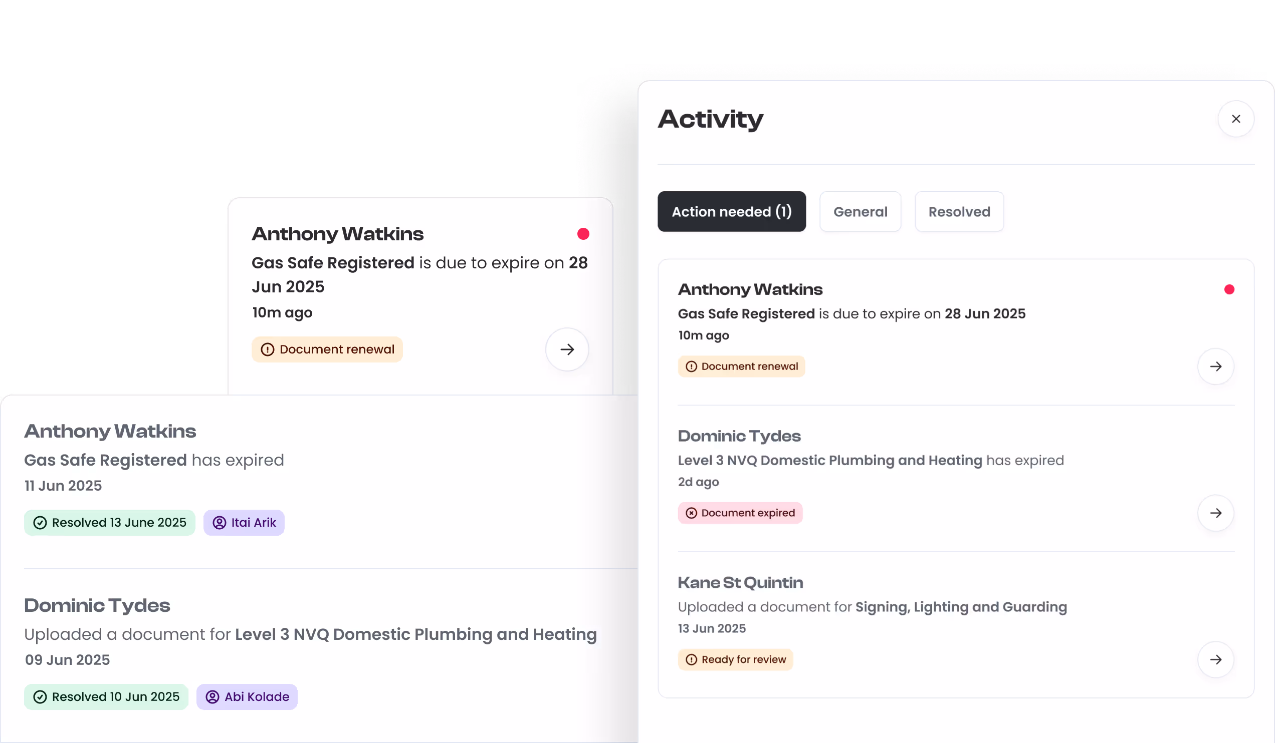 Some shots of the activity feature, showing what needs action and what's been resolved.
