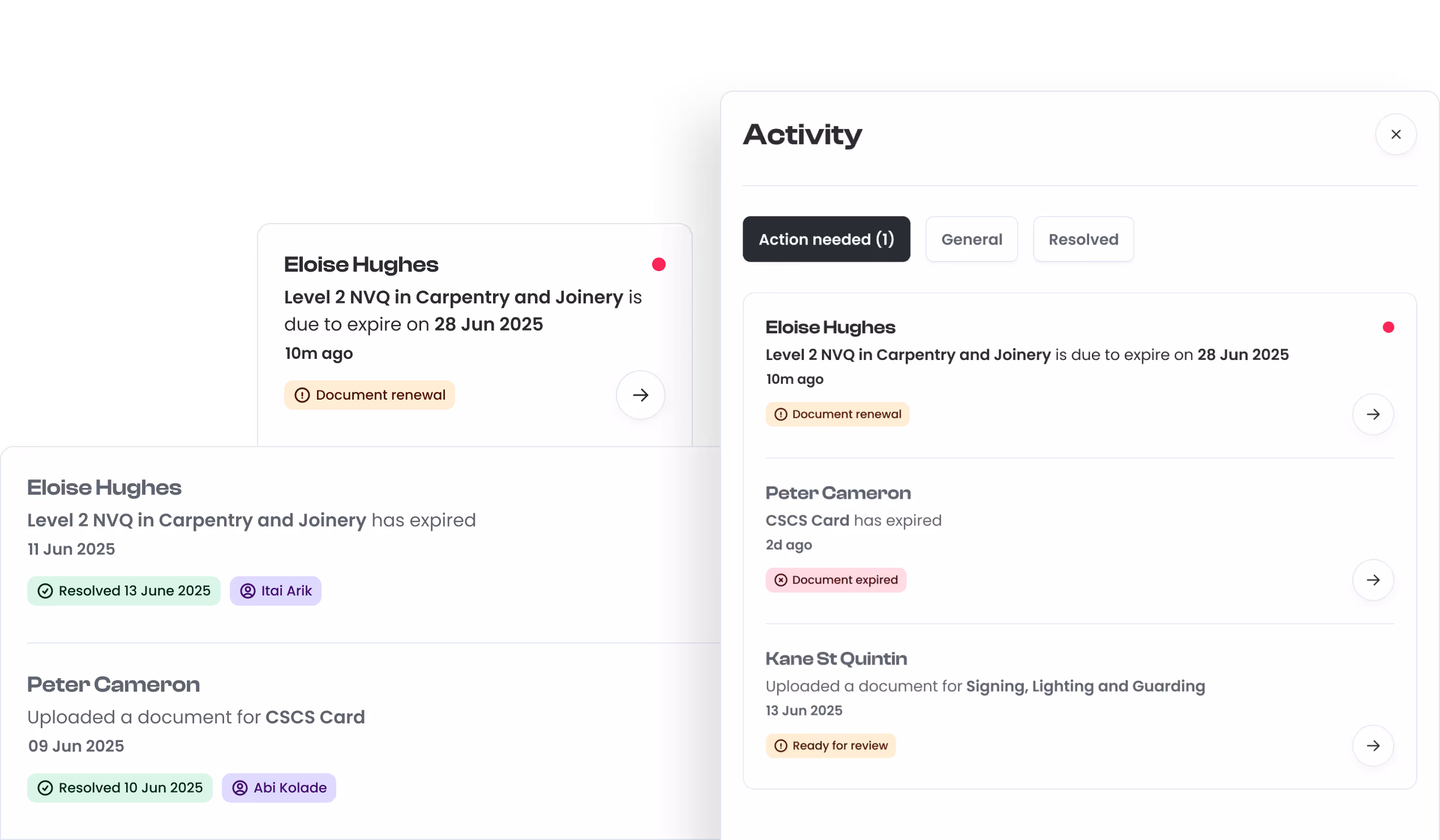 Some shots of the activity feature, showing what needs action and what's been resolved.