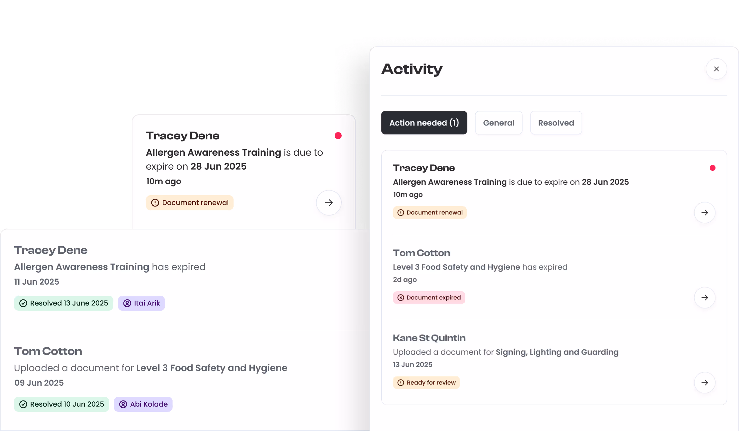 Some shots of the activity feature, showing what needs action and what's been resolved.