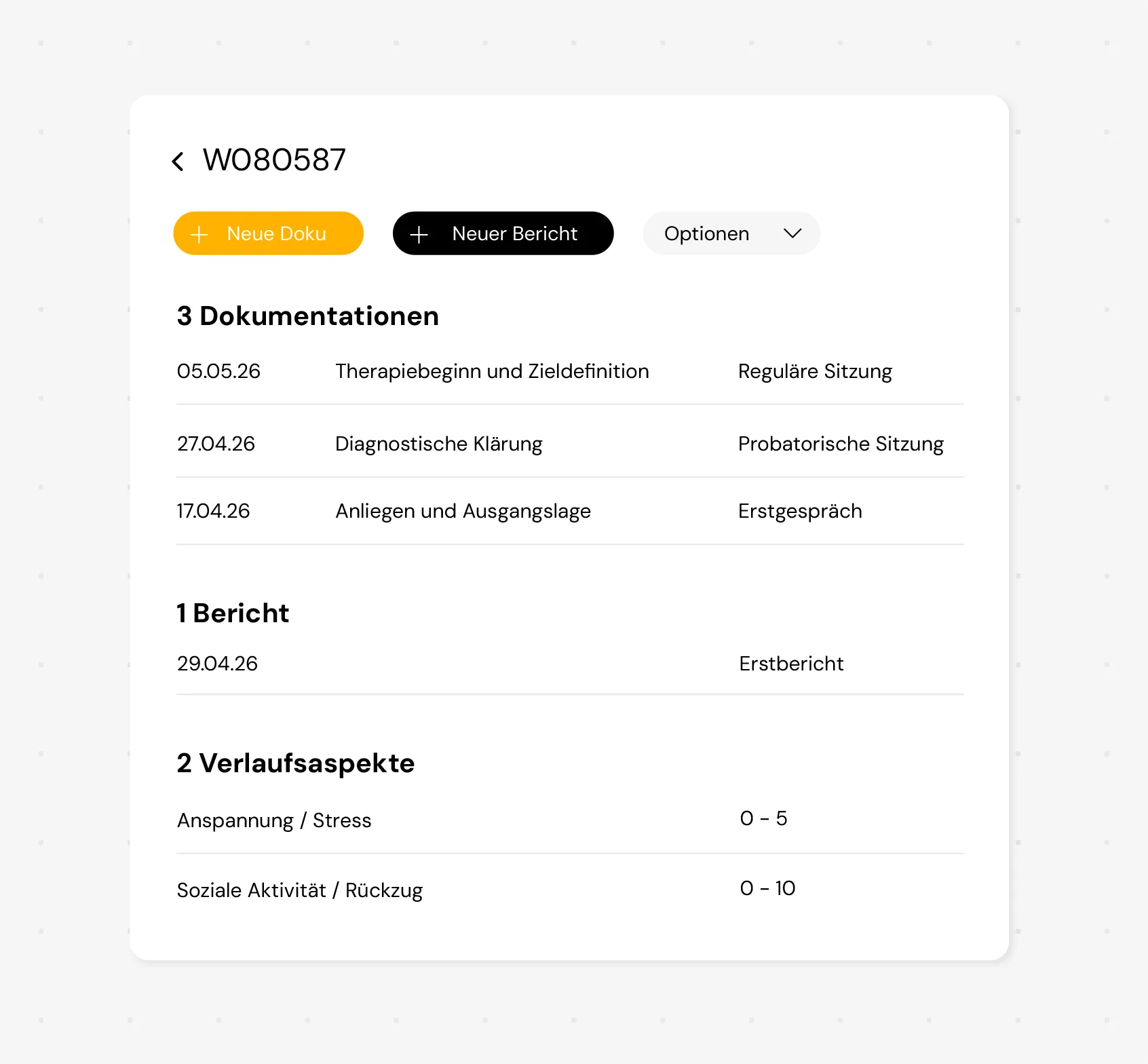 Übersicht einer Patient:innenakte mit Dokumentationen, Berichten und Verlaufsaspekten
