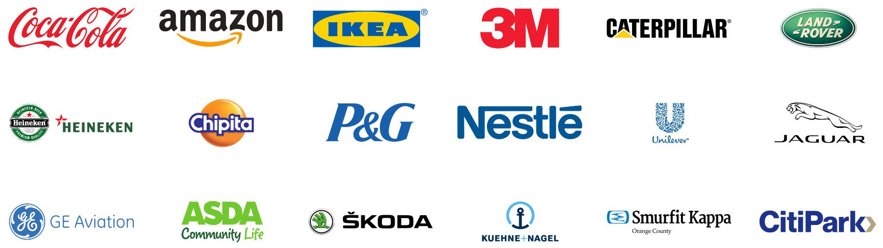 Loga známých značek včetně Coca-Cola, Amazon, IKEA, 3M, Caterpillar, Land Rover, Heineken, Chipita, P&G, Nestlé, Unilever, Jaguar, GE Aviation, ASDA, Škoda, Kuehne+Nagel, Smurfit Kappa a CitiPark.