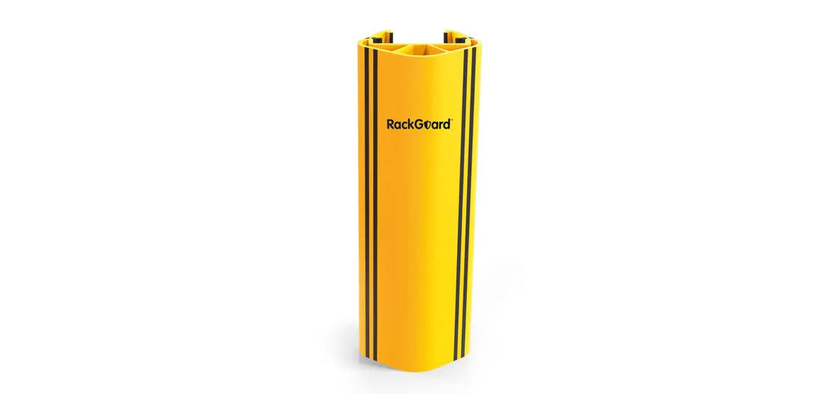 Žlutý ochranný kryt RackGuard s černými pruhy určený pro ochranu rámu regálu.