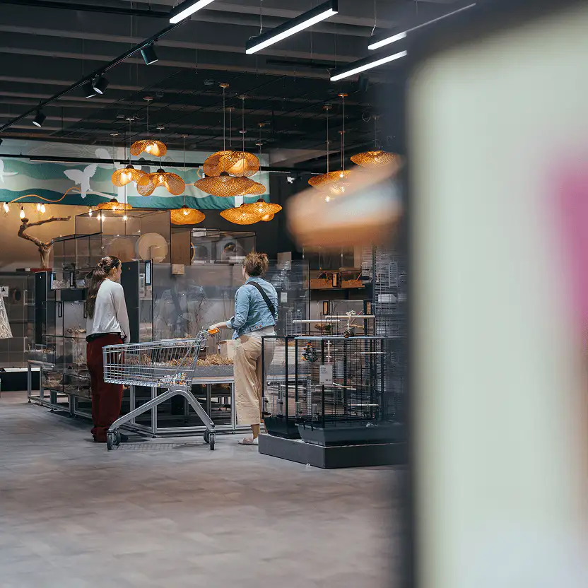 Two women shopping in a pet store aisle with bird cages and decorative hanging lights.