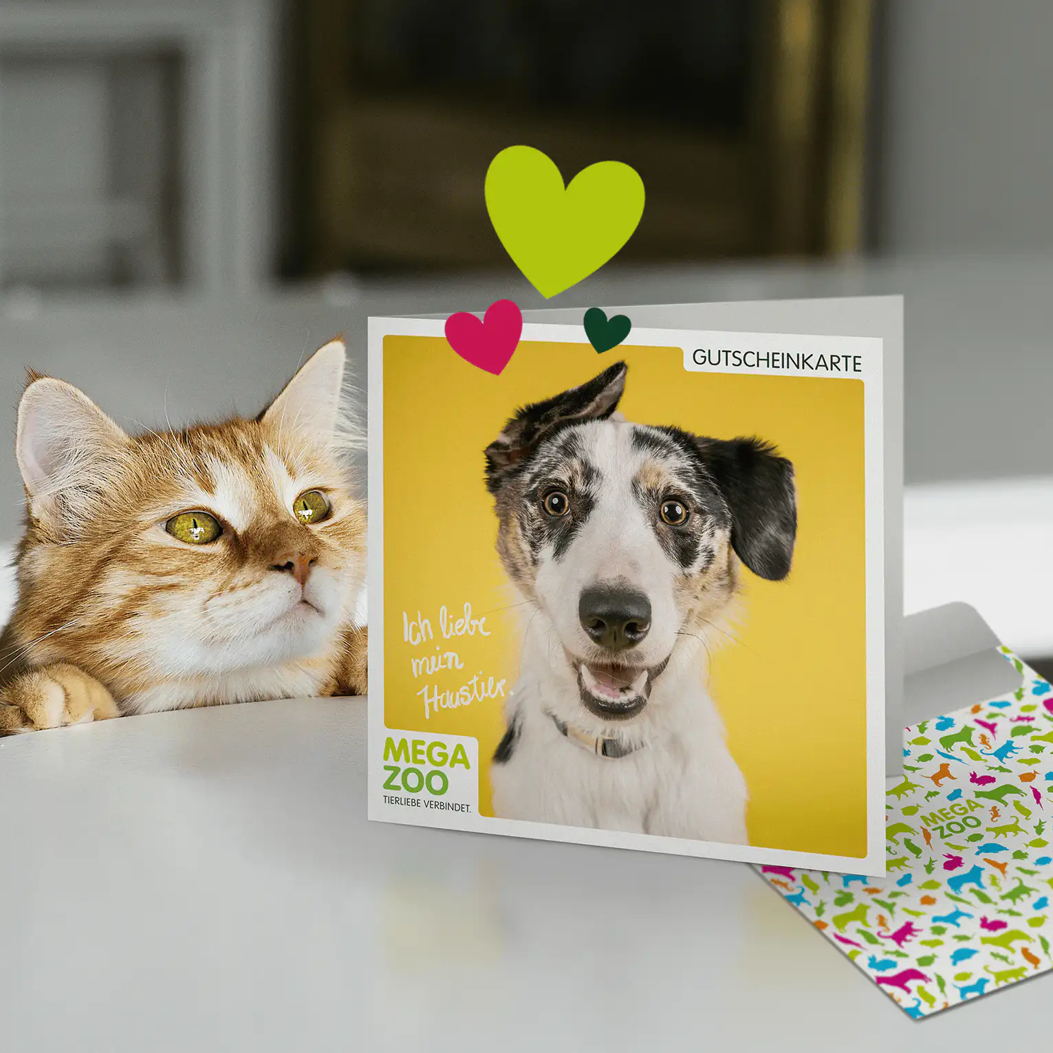 Orange tabby cat looks at a greeting card featuring a smiling dog with hearts above it on a white table.