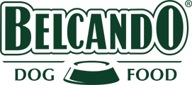 Logo of Belcando pet food brand with white stylized text on dark green background.