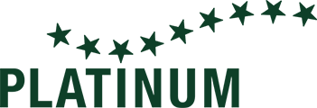 Platinum text logo with stylized letter P in gold on dark green background.