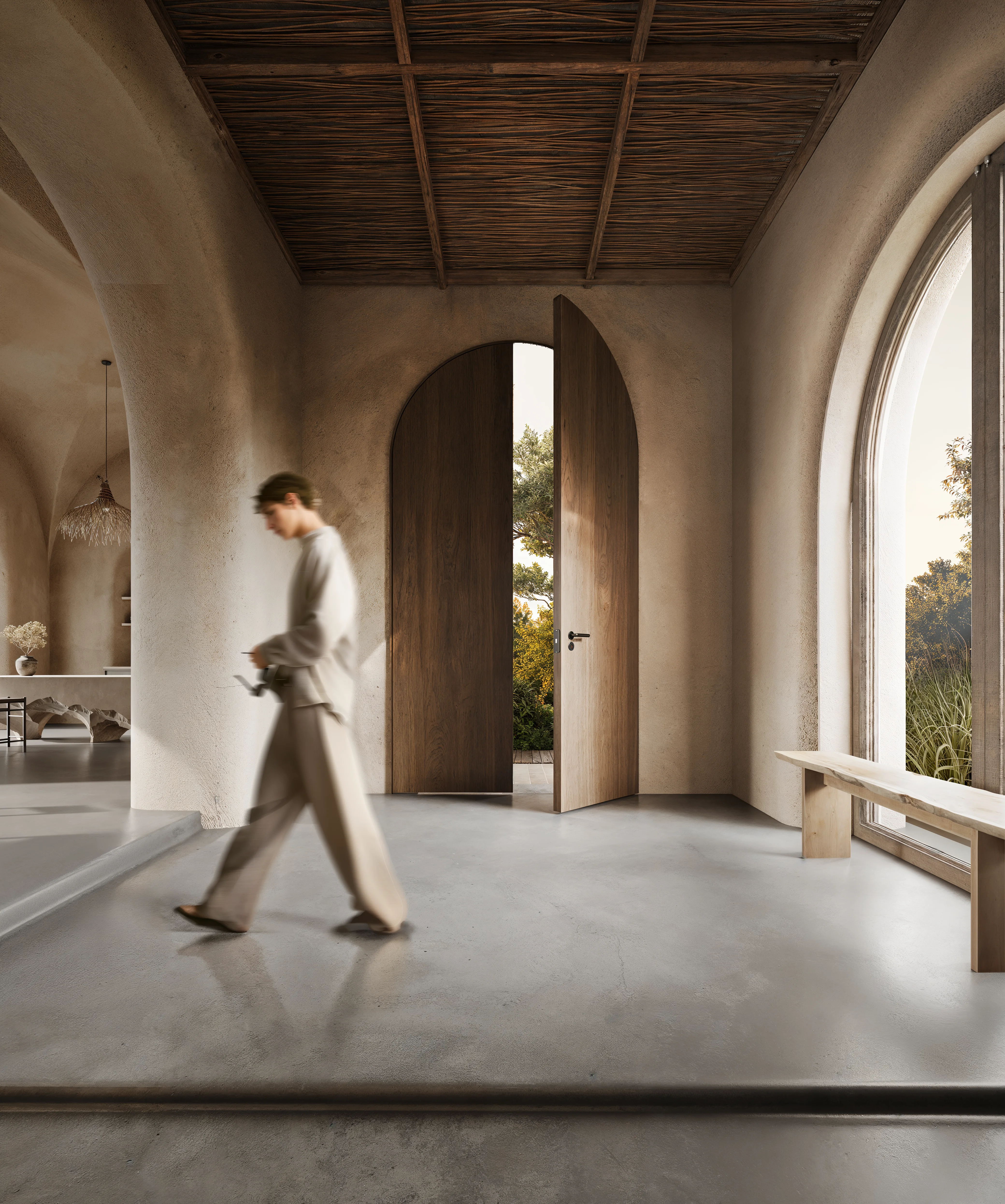 Photorealistic 3D interior visualization of Amrita project in Italy featuring minimalist arched doorways and organic plaster walls.