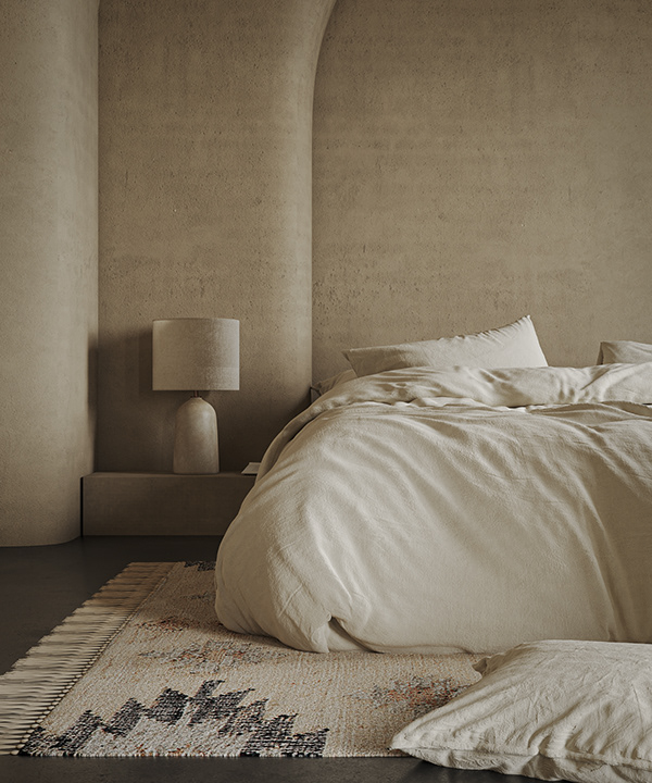 Photorealistic 3D interior visualization of Amrita project in Italy featuring minimalistic bedroom and organic plaster walls.