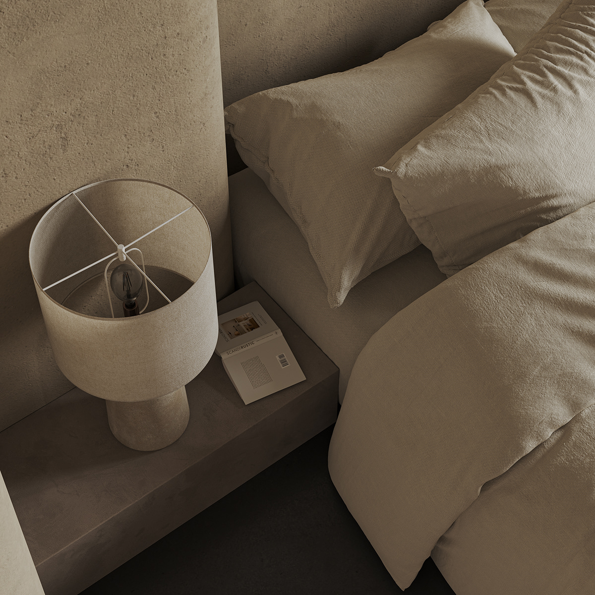 Photorealistic 3D interior visualization of Amrita project in Italy featuring minimalistic bedroom and organic plaster walls.