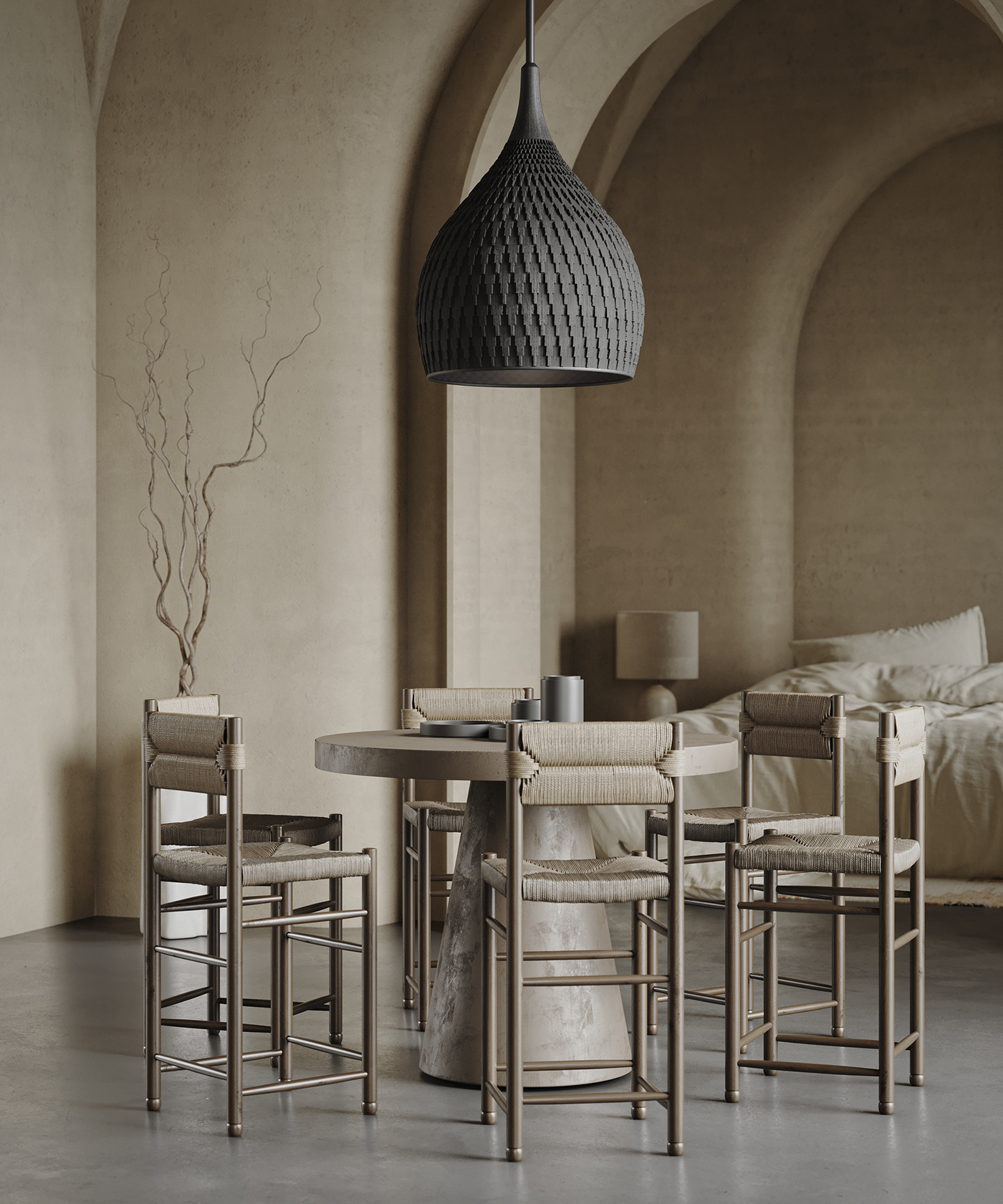 Photorealistic 3D interior visualization of Amrita project in Italy featuring minimalist dining room, organic plaster walls and lamp.