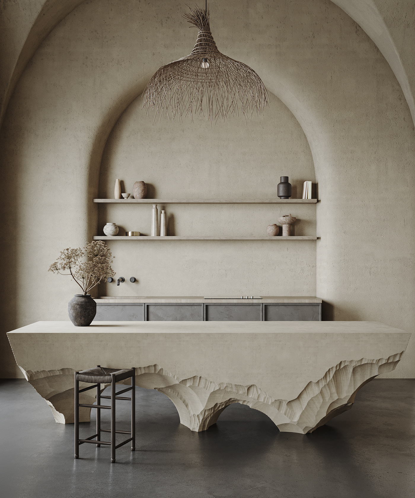 Photorealistic 3D interior visualization of Amrita project in Italy featuring minimalist kitchen, organic plaster walls and lamp.