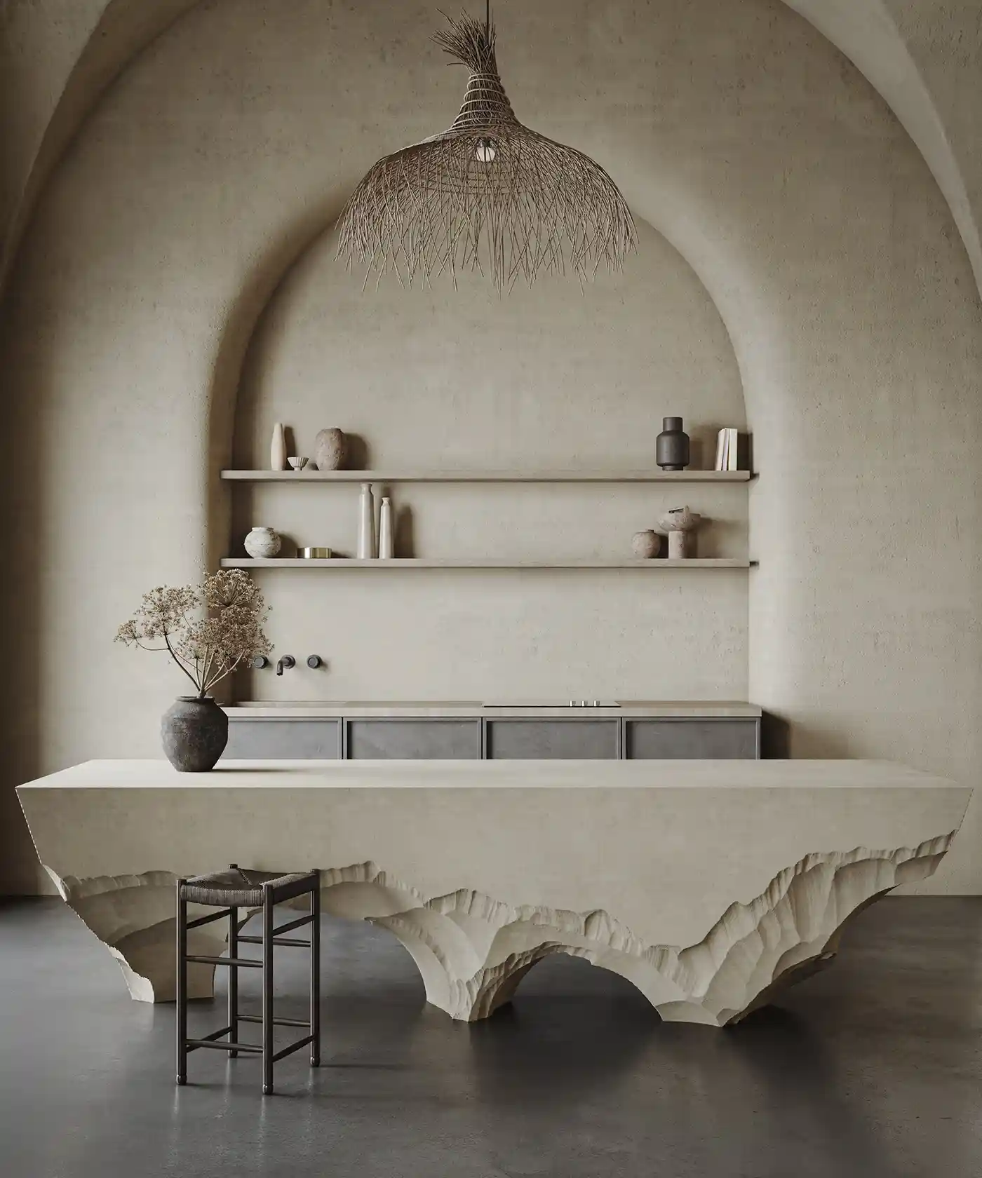 Photorealistic 3D interior visualization of Amrita project in Italy featuring minimalist kitchen, organic plaster walls and lamp.