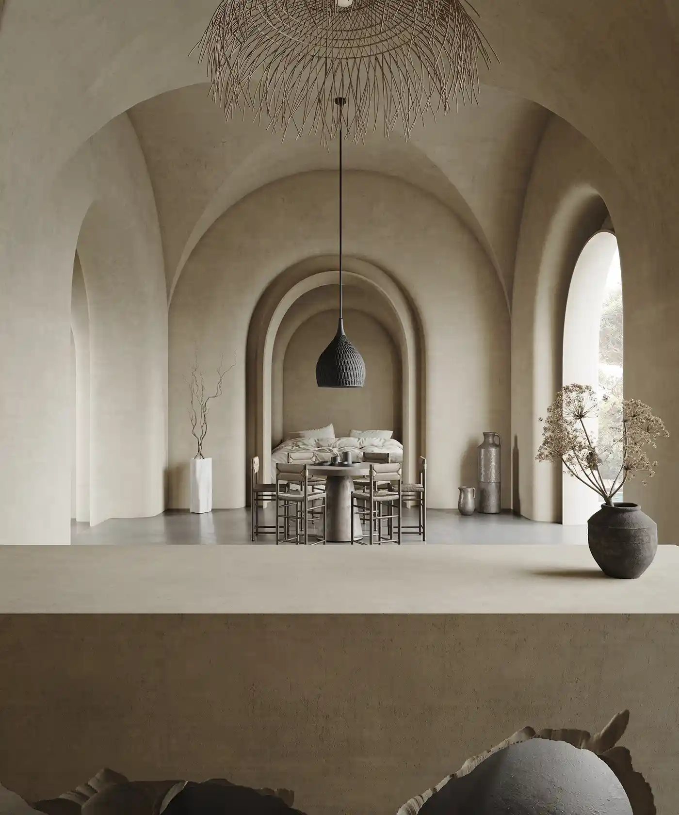 Photorealistic 3D interior visualization of Amrita project in Italy featuring minimalist kitchen, organic plaster walls and lamp.