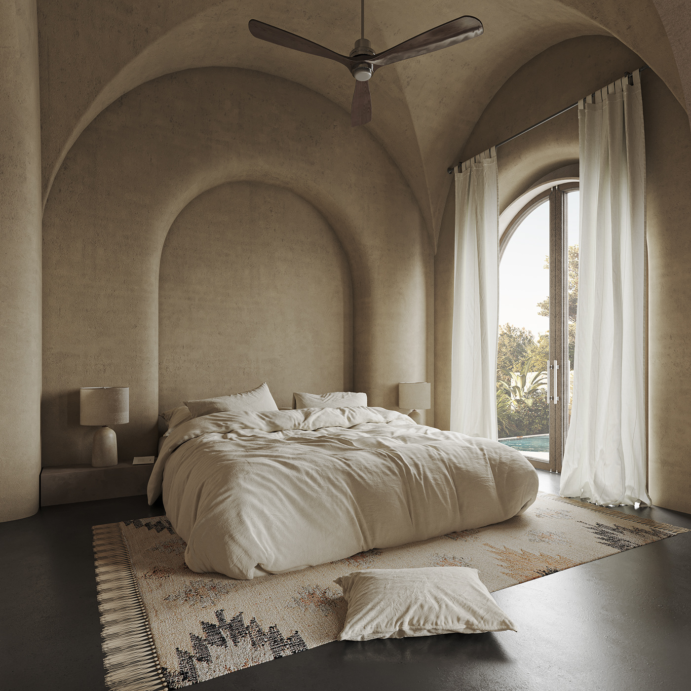 Photorealistic 3D interior visualization of Amrita project in Italy featuring minimalistic bedroom and organic plaster walls with window