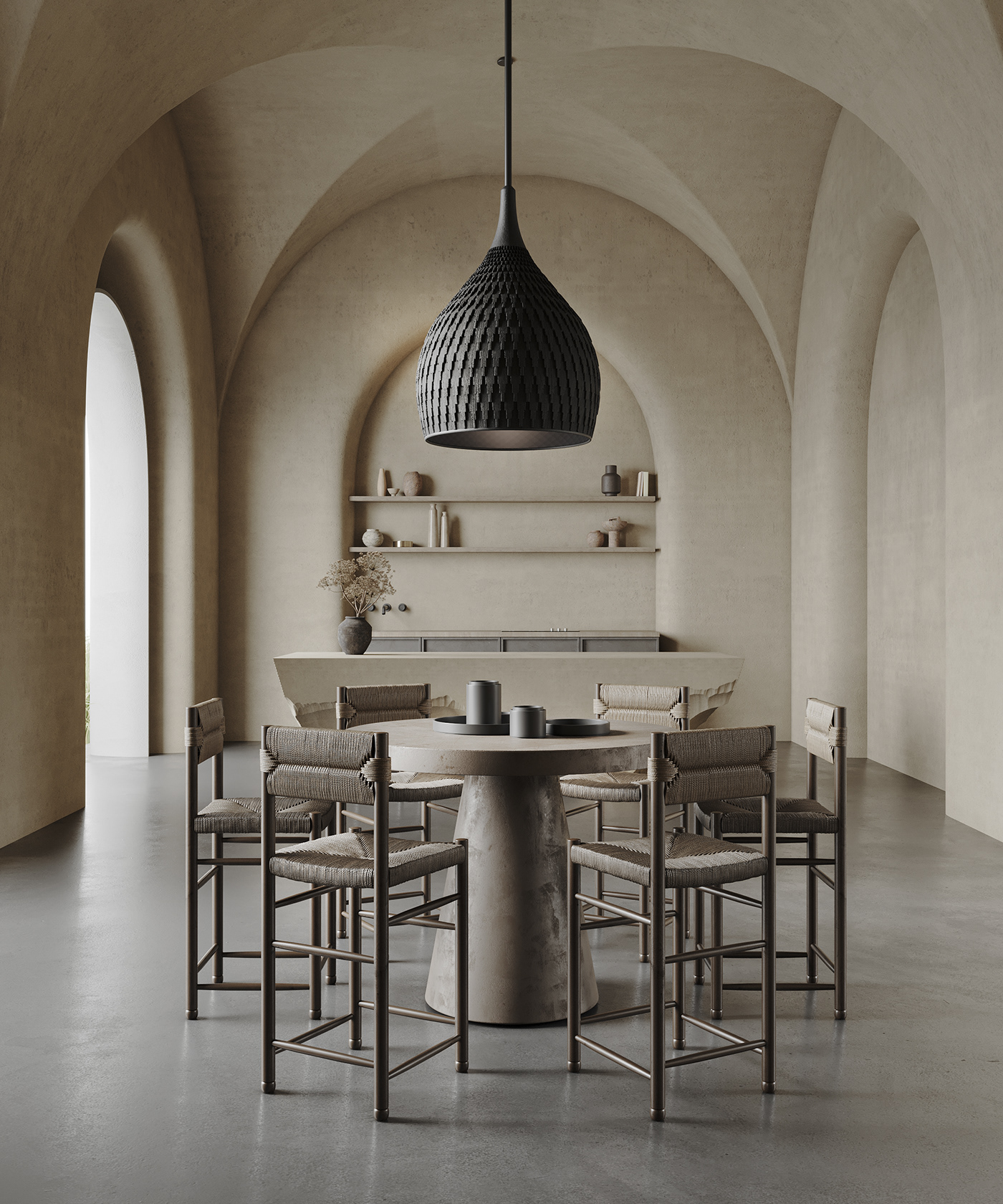 Photorealistic 3D interior visualization of Amrita project in Italy featuring minimalist kitchen, organic plaster walls and lamp.