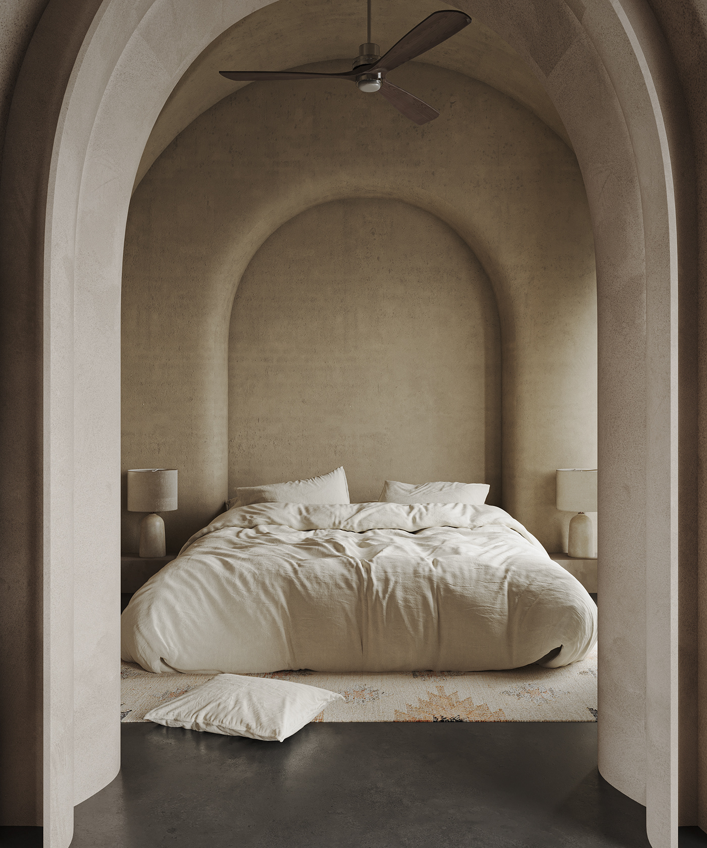 Photorealistic 3D interior visualization of Amrita project in Italy featuring minimalistic bedroom and organic plaster walls.