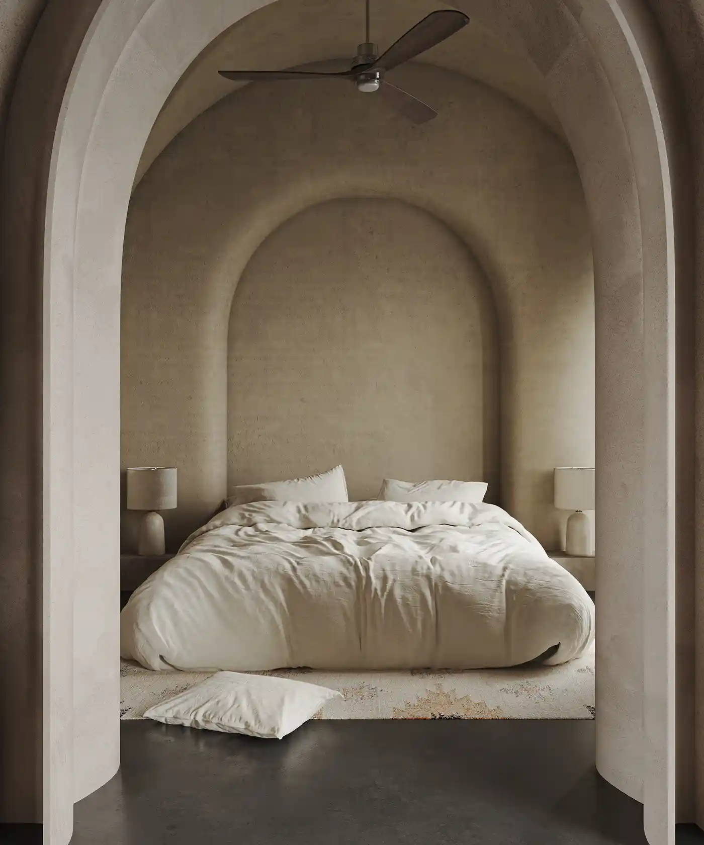 Photorealistic 3D interior visualization of Amrita project in Italy featuring minimalistic bedroom and organic plaster walls.