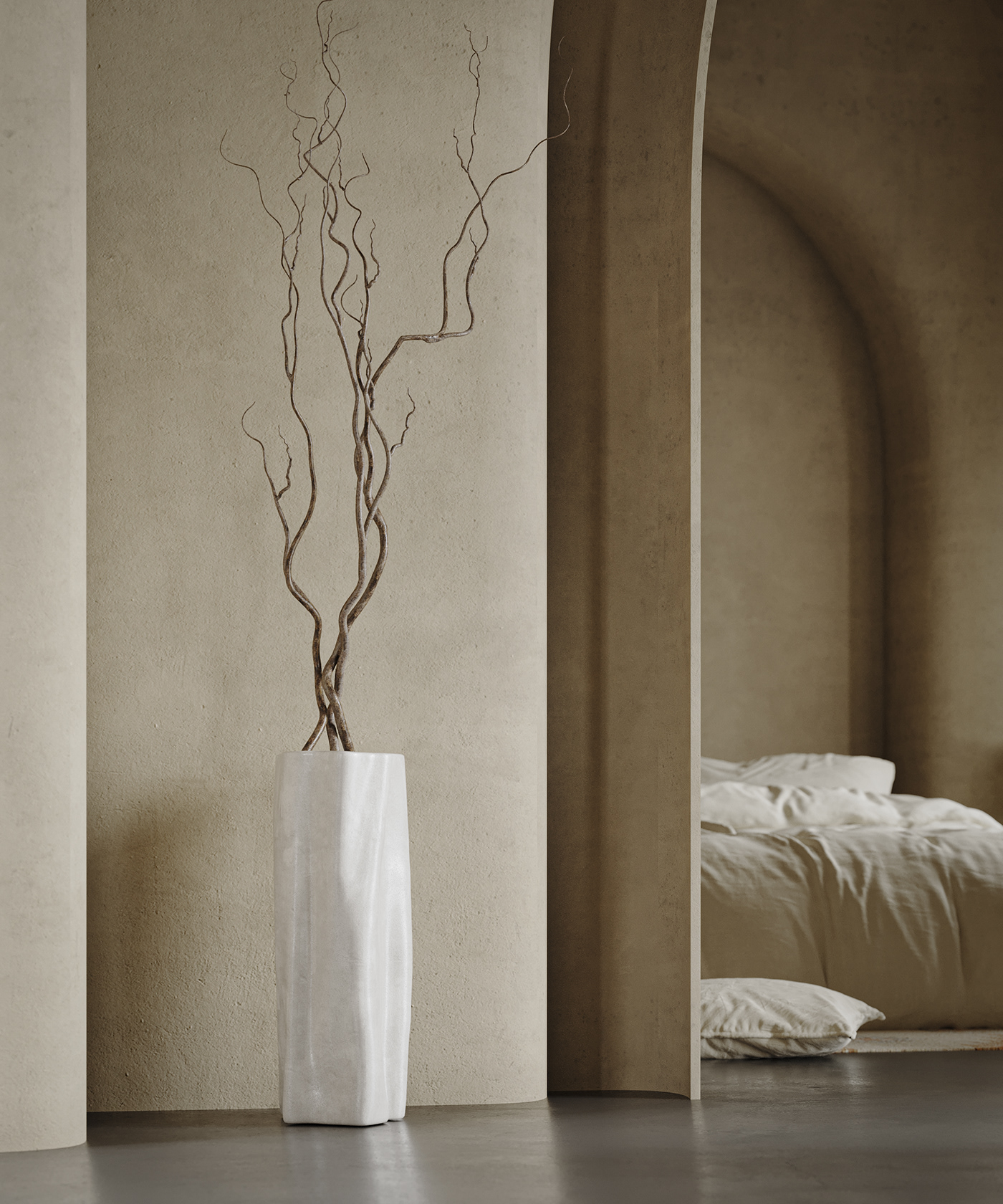 Photorealistic 3D interior visualization of Amrita project in Italy featuring minimalistic apartment and organic plaster walls.