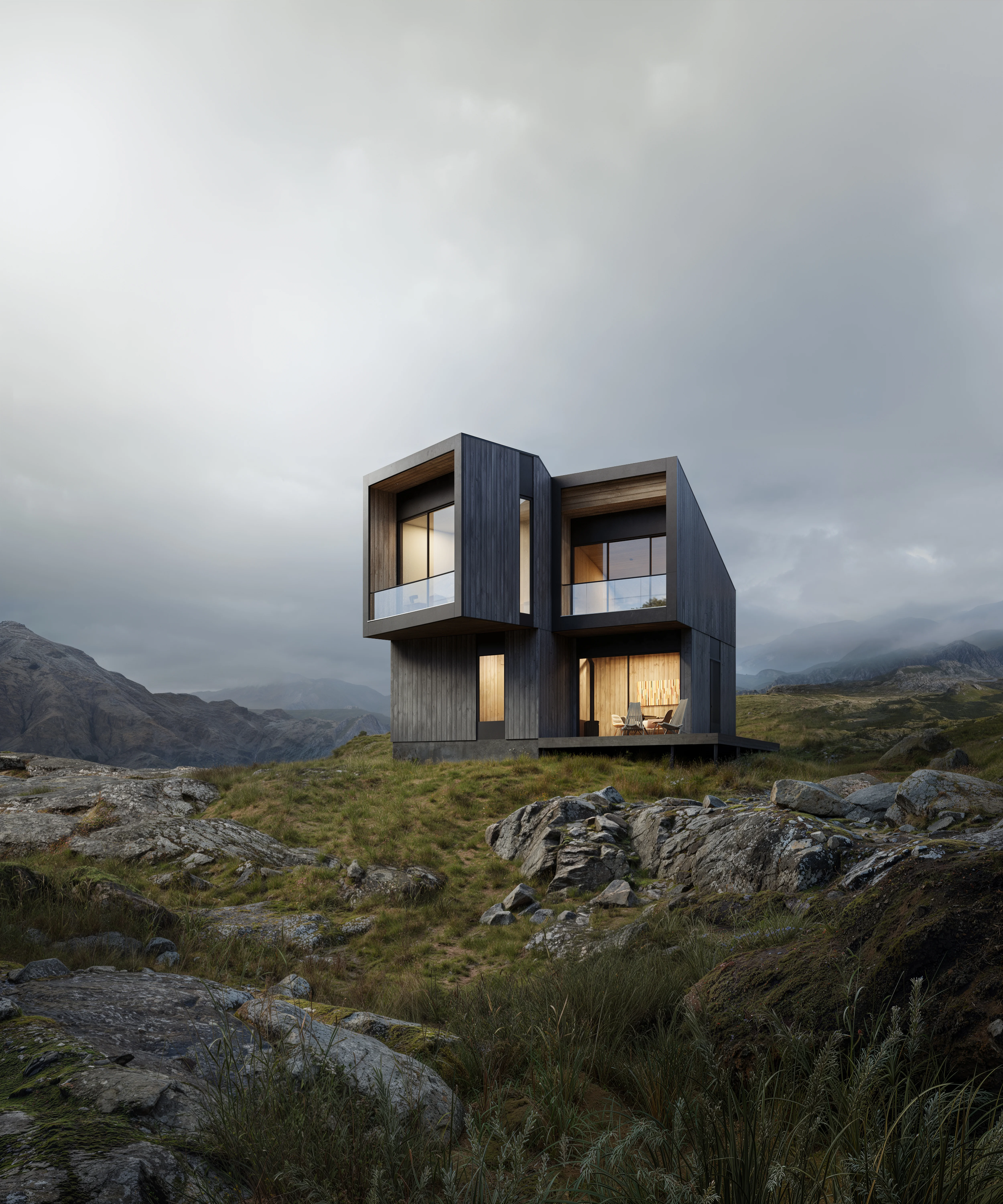Photorealistic 3D architectural rendering of Morven project, a modern dark timber house in a rocky Scottish highland landscape.