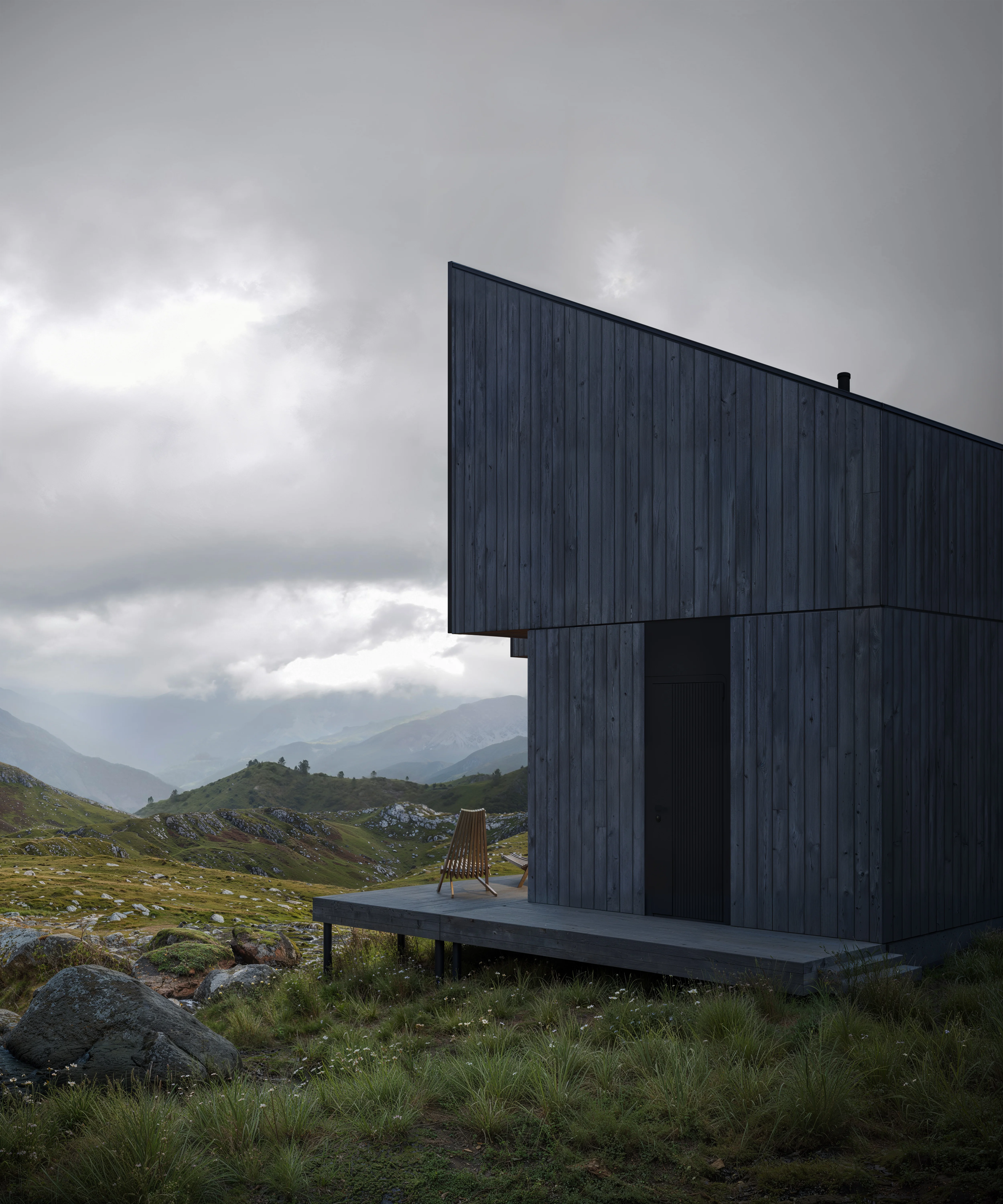 High-end exterior visualization of a contemporary highland cabin in Scotland, Morven project by Bloom.