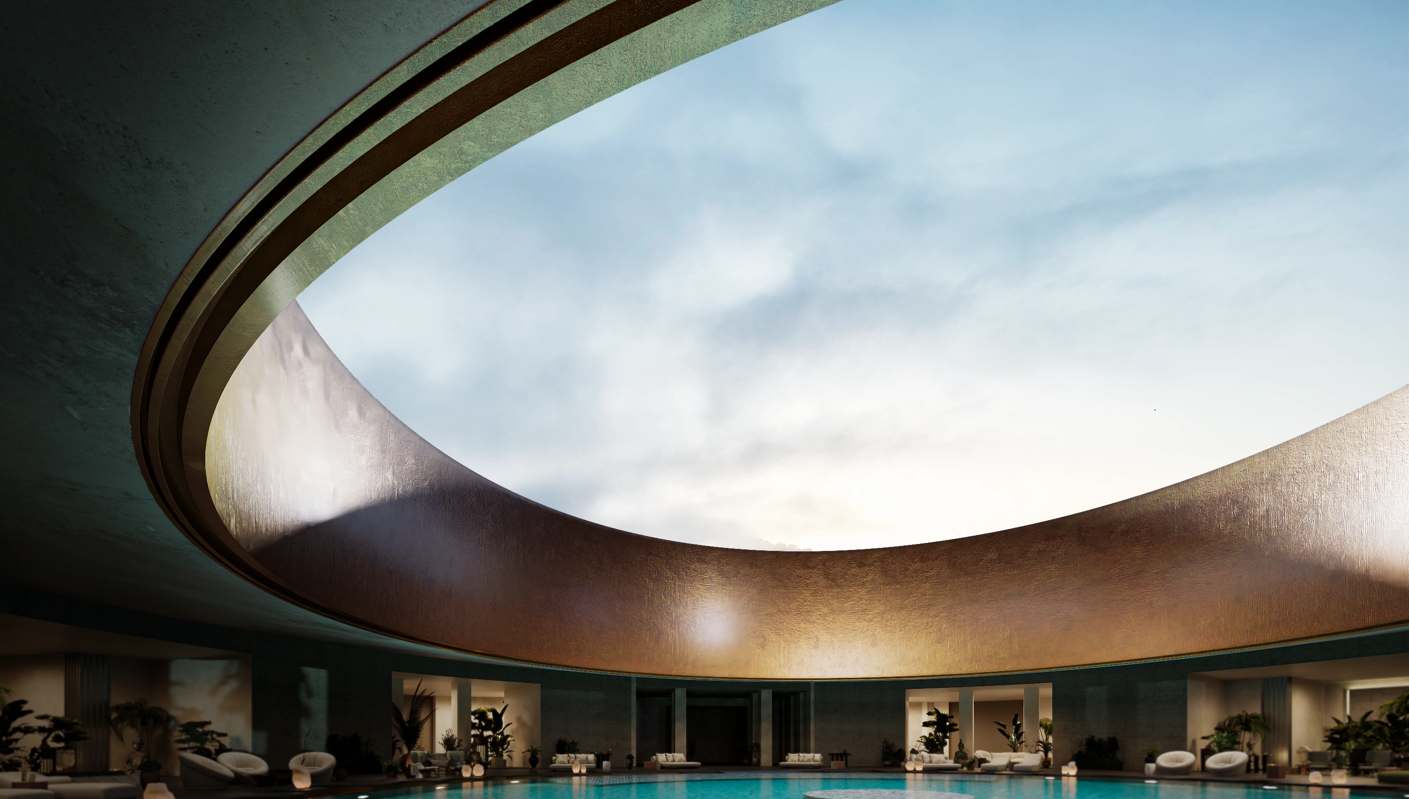 Architectural visualization of a modern pool exterior in Bali, showcasing natural stone base, wooden upper structure, and large glass windows for The Ubud project.